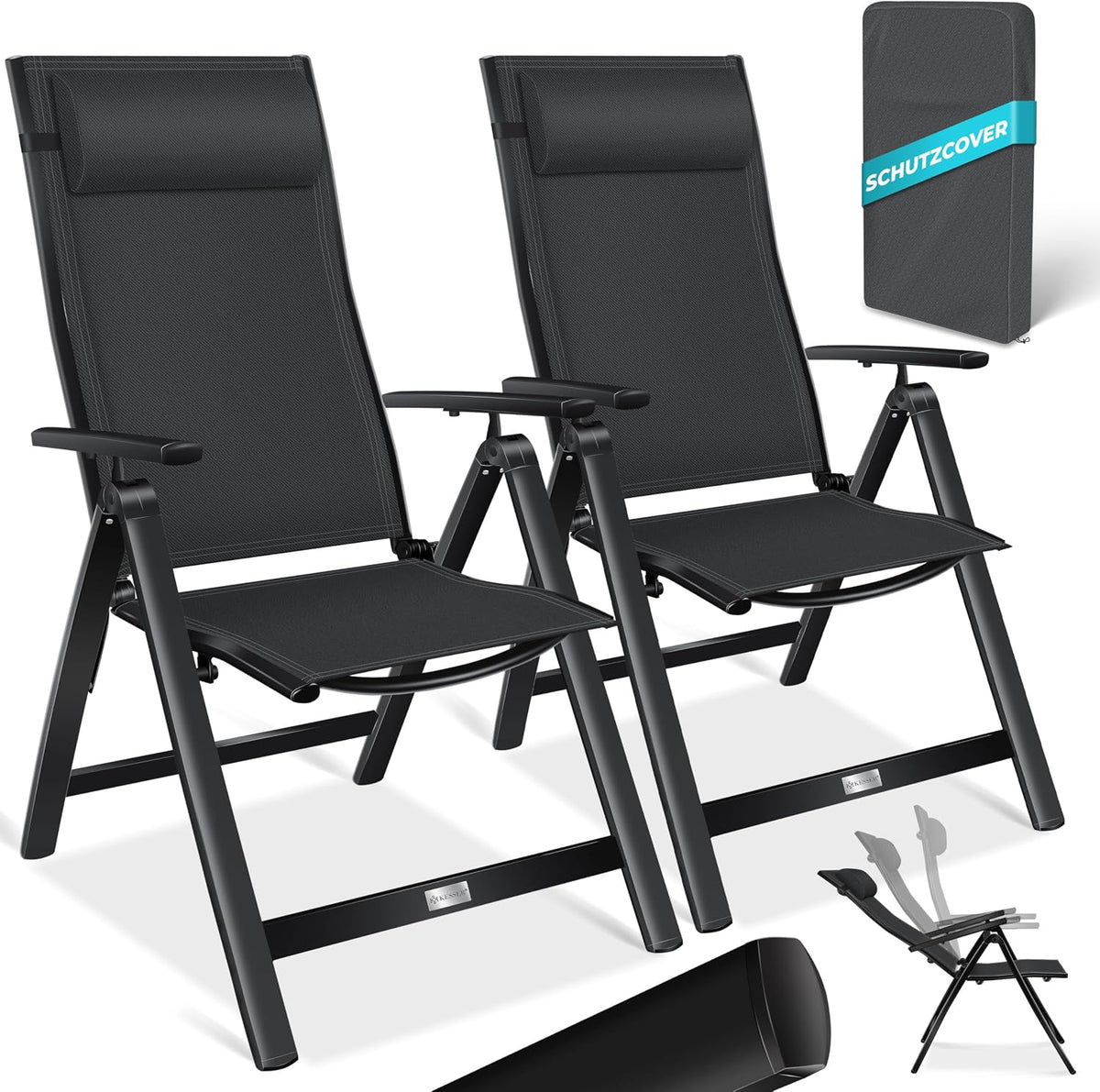 KESSER Gartenstuhl Hochlehner mit Armlehnen 2er Set Aluminium Klappstuhl mit Kopfkissen & Abdeckung Campingstuhl 7-Fach Verstellbar Rückenlehne