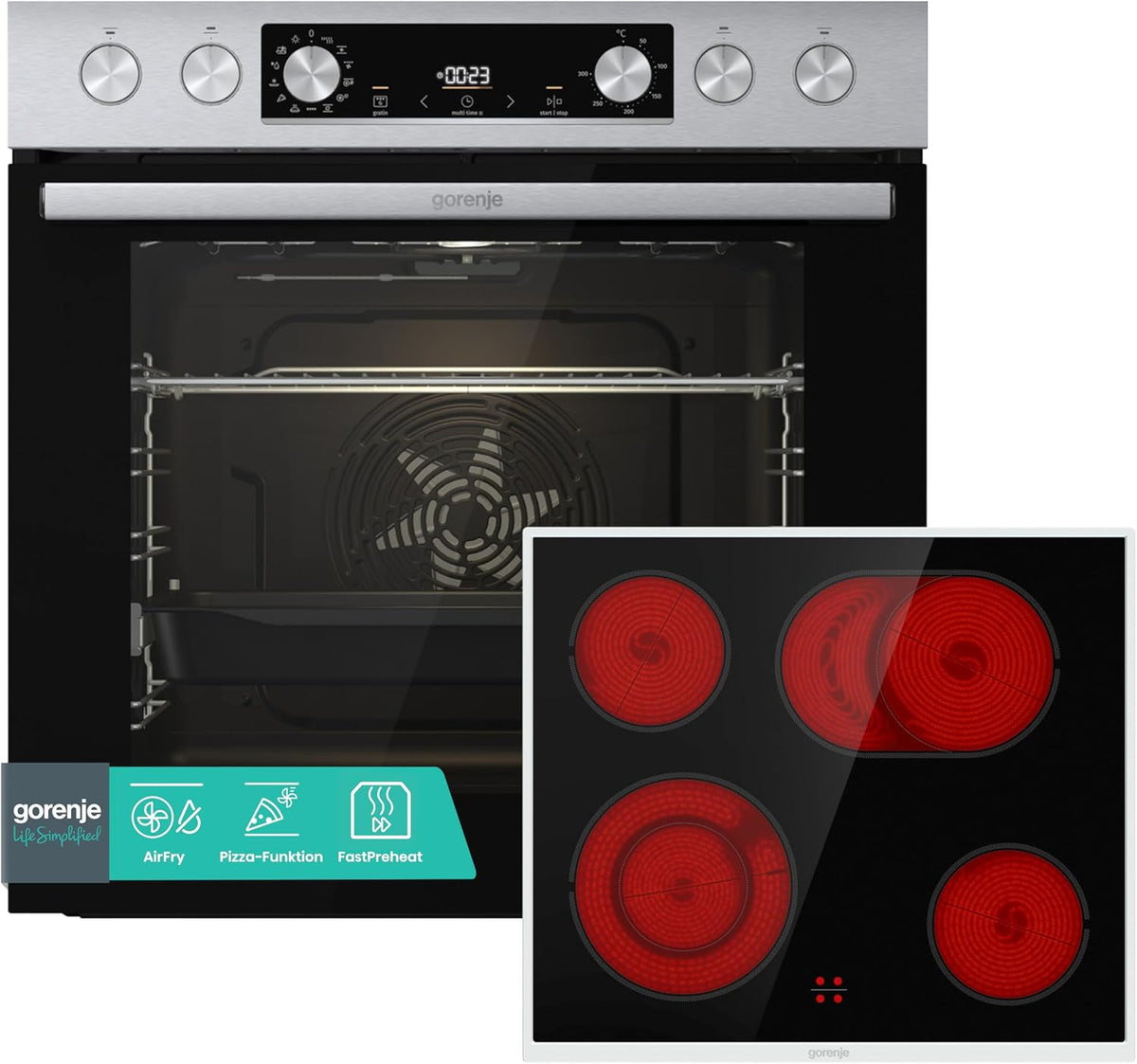 Gorenje Einbauherd-Set Heißluft Inox Set 4 mit Glaskeramik-Kochfeld/77L/ExtraSteam/GentleClose &