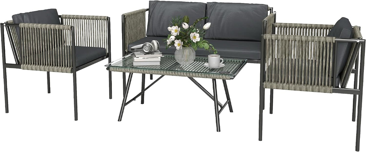 Outsunny Gartenmöbel Set aus Polyrattan mit 2er Sofa für 4 Personen Grau