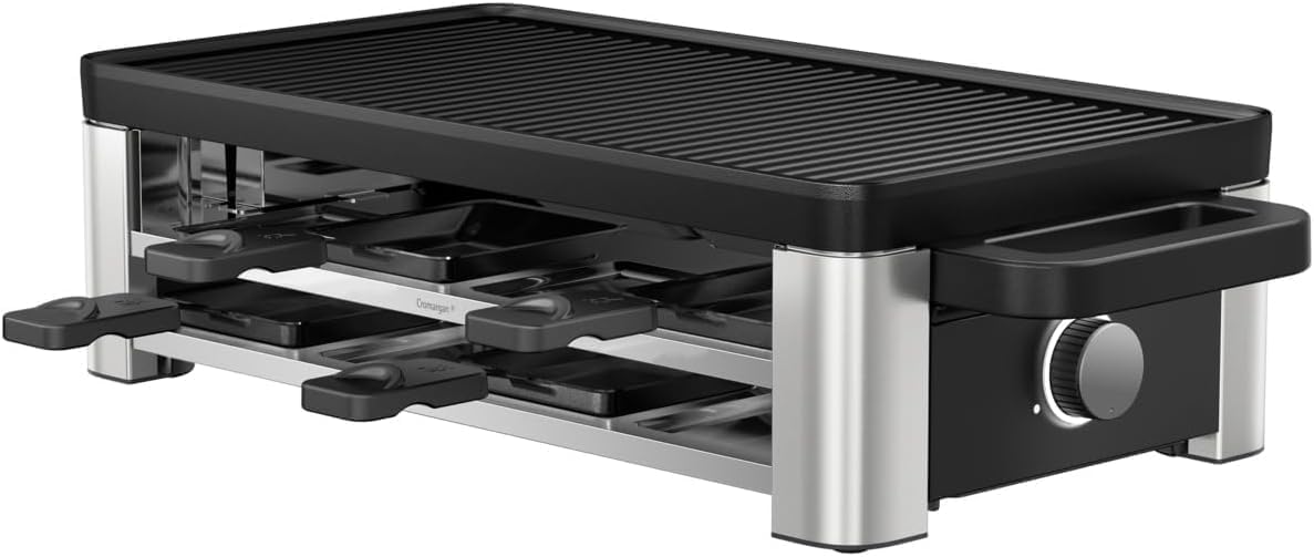 WMF Lono Selection Raclette Grill 8 Personen, 1500W Leistung, keramikbeschichtete Grillplatte, 8 Pfännchen und Spatel, Temperaturregelung und Ablage