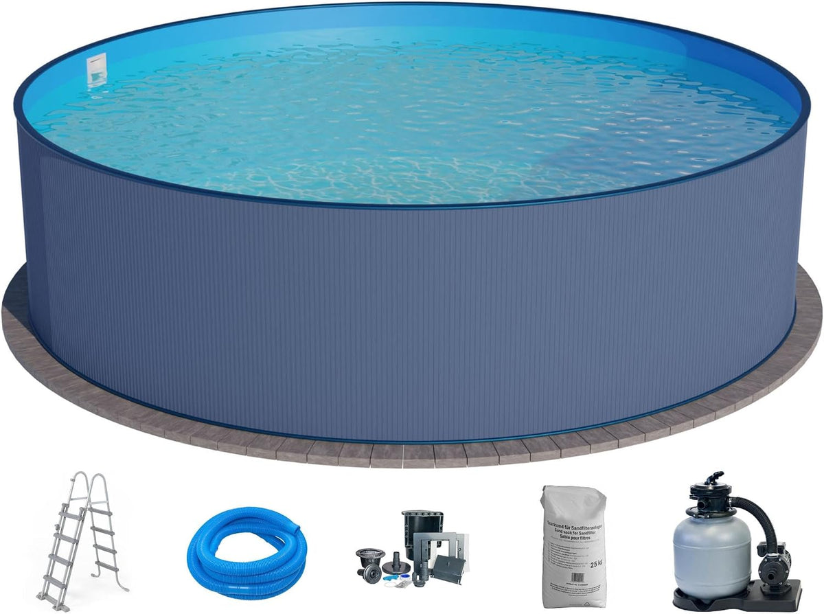 Planet Pool Stahlwandpool Set (7-teilig) hoch rund 300 x 120 cm, Stahl 0,4 mm anthrazit Folie 0,4 mm blau