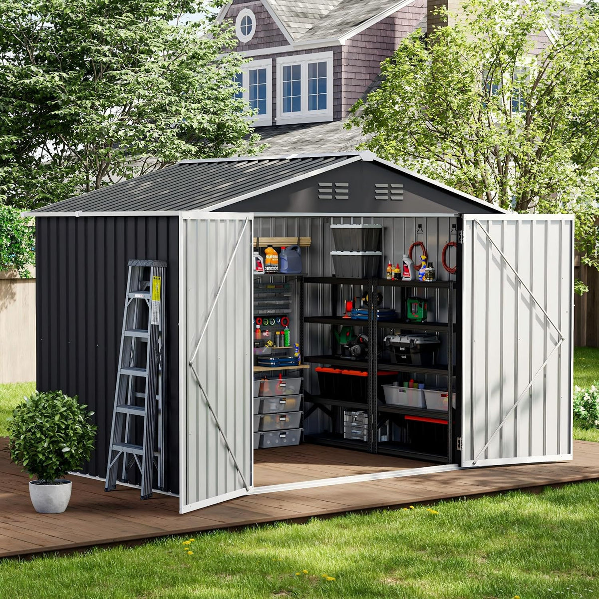 UDPATIO Metall Gartenhaus mit 7 m³, 250 x 184 x 193 cm für den Außenbereich, Verzinkter Stahl mit Abschließbarer Tür für Hinterhof, Pultdach