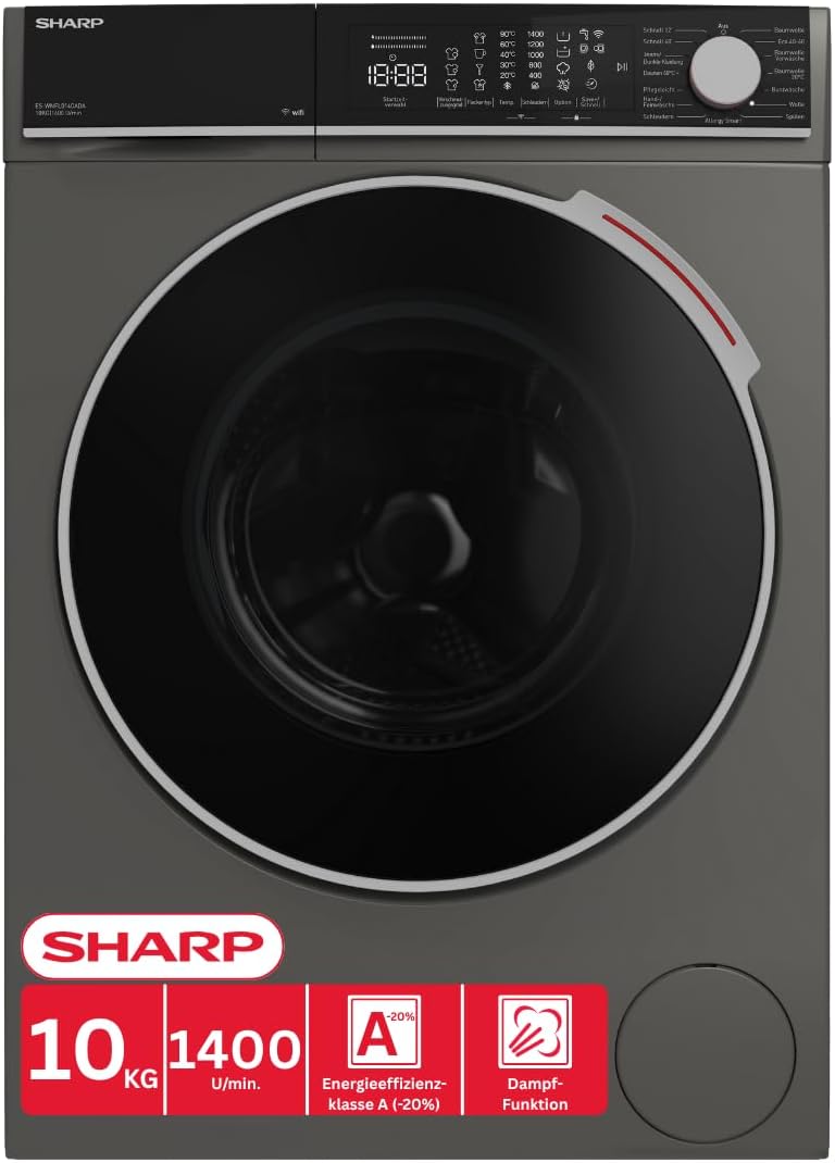 Sharp ES-WNFL014CADA-DE Waschmaschine, 10 kg, 1400 U/min, Energieeffizienzklasse A, Inverter Motor, WiFi-fähig, AquaStop, Dampffunktion, Touch Display