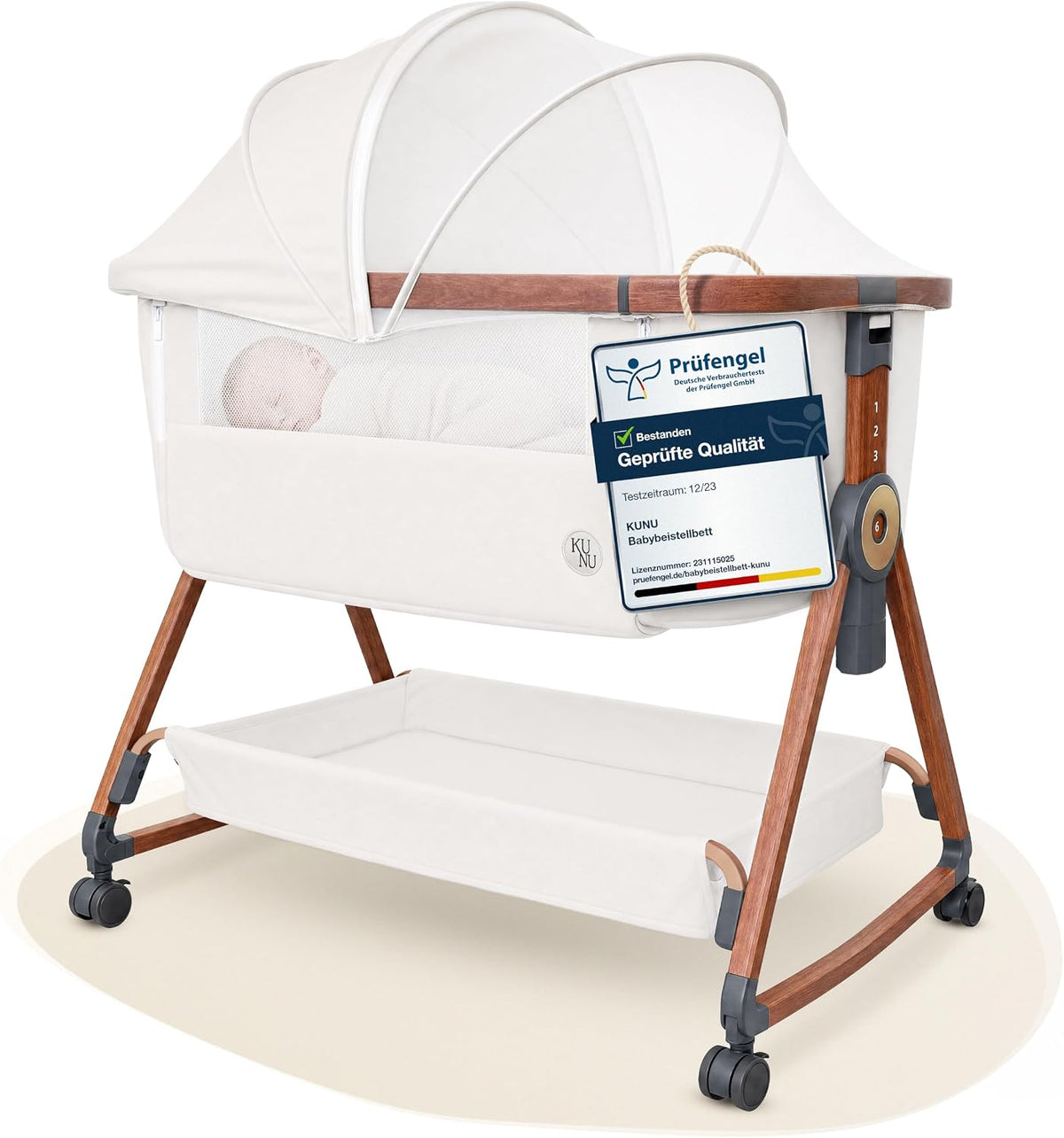 KUNU Babybett, 3 in 1 rollbares Baby Bett Reise Babywiege, Beistellbett Baby mit Rollen für Boxspringbett, Sicheres Reisebett inkl Reisetasche