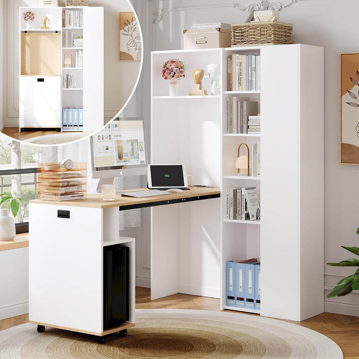 Merax klappbarer Schreibtisch mit Regal, 2 in 1 Bücherregal und Arbeitstisch mit Steckdose und USB, platzsparender Eck Schreibtisch mit Kippschutz
