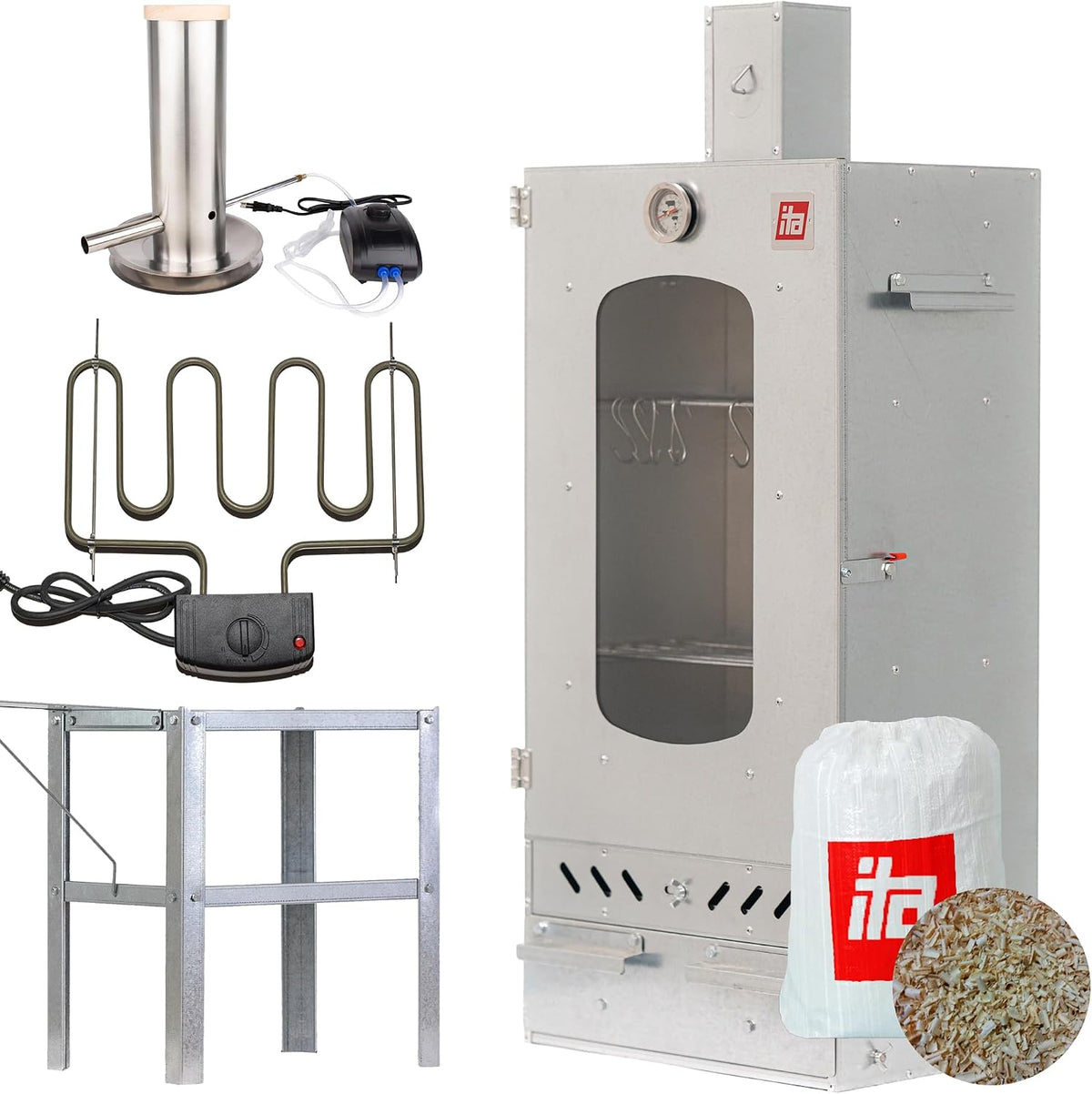 ITA Räucherofen 7012, Tisch & Räucherspänen, Smoker Set mit Rauchgenerator, Räucherschrank mit 3 Etagen, mit Sichtfenster & Kaminabzug, Heizelement