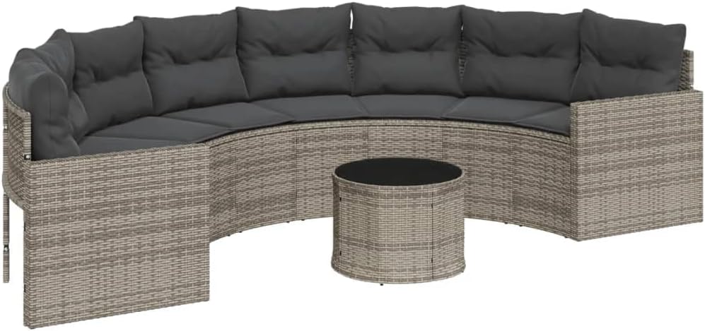 vidaXL Gartensofa mit Tisch und Kissen Halbrund Grau Poly Rattan