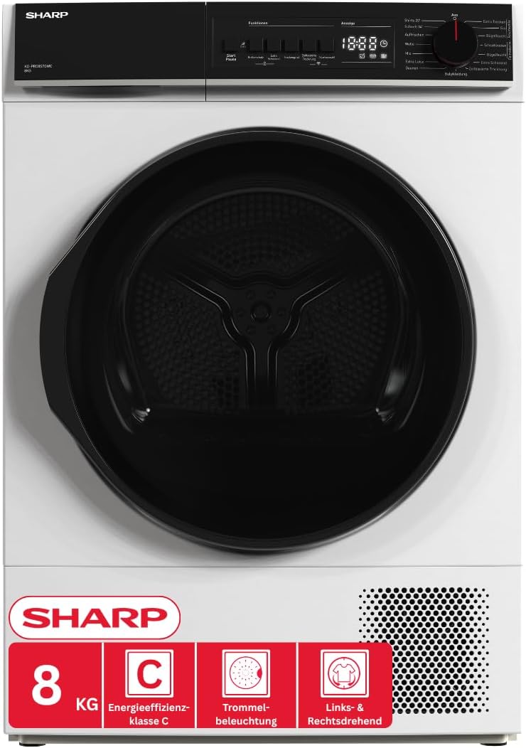 Sharp KD-PRO8S7GWC-DE Wäschetrockner, 15 Trockenprogramme inkl. 20-Minuten-Schnelltrockenprogramm, 8kg, C, WiFi, Weiß