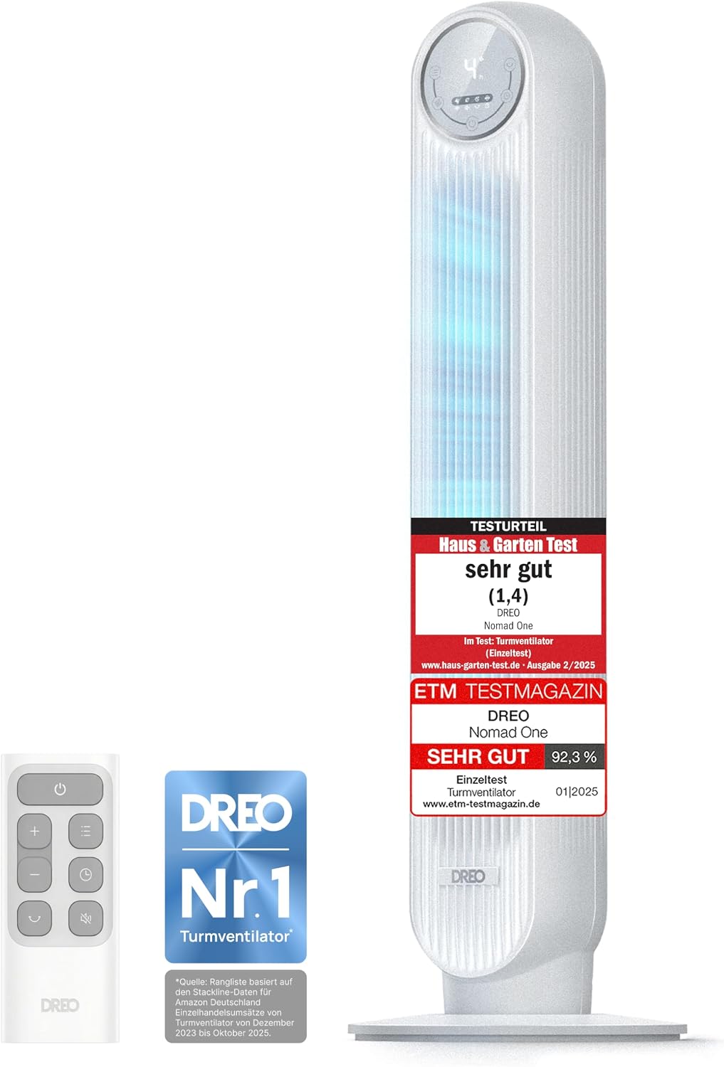 DREO Leiser Turmventilator, 10m Wurfweite 4 Geschwindigstufen 4 Modi 8 Std. Timer 90° oszillierende Ventilator mit Kühlung Fernbedienung