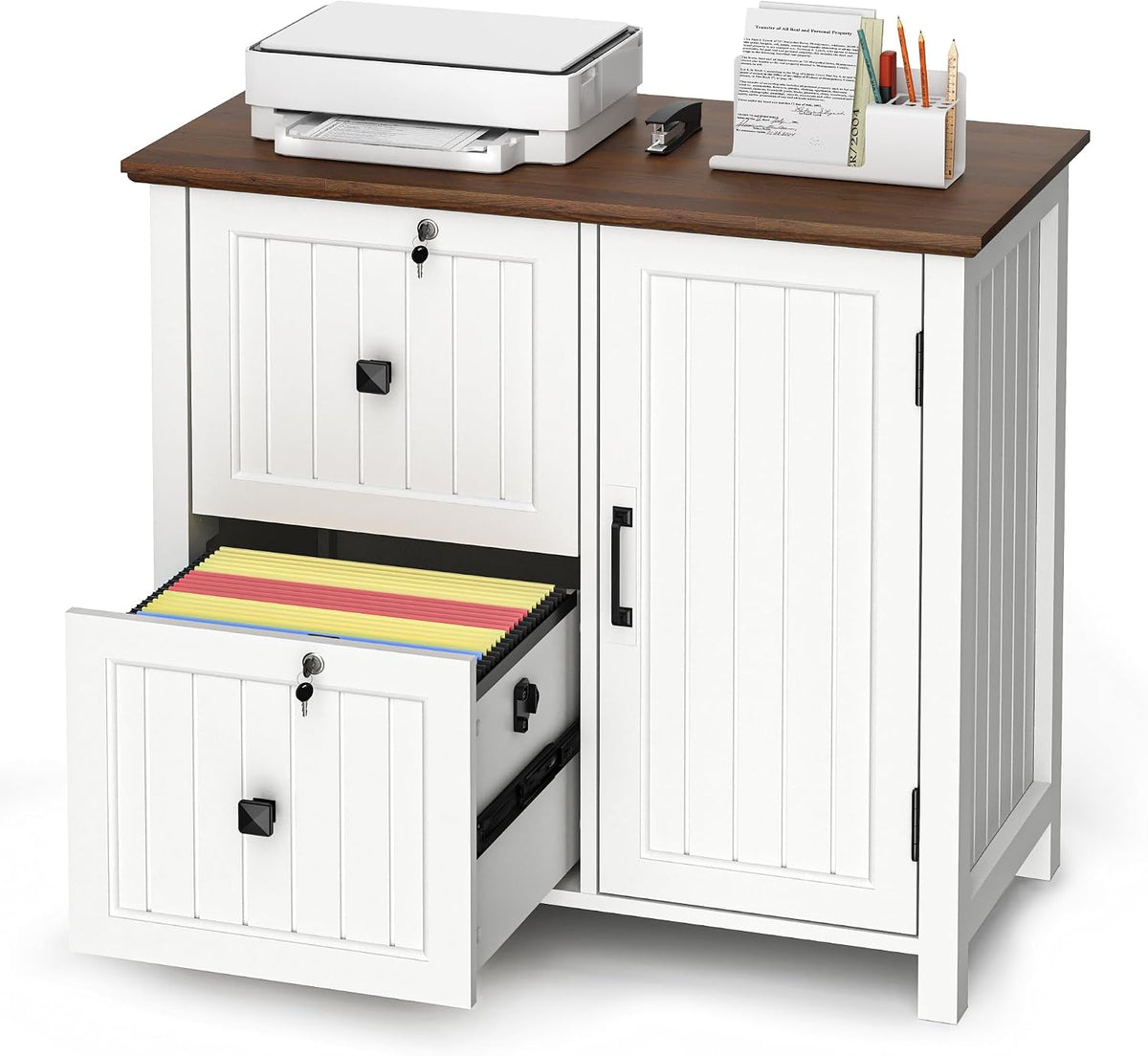 Pamapic Aktenschrank Holz Abschließbar mit 2 Schubladen, Büroschrank für Formate Letter/Legal/A4, Druckerständer, Weiß