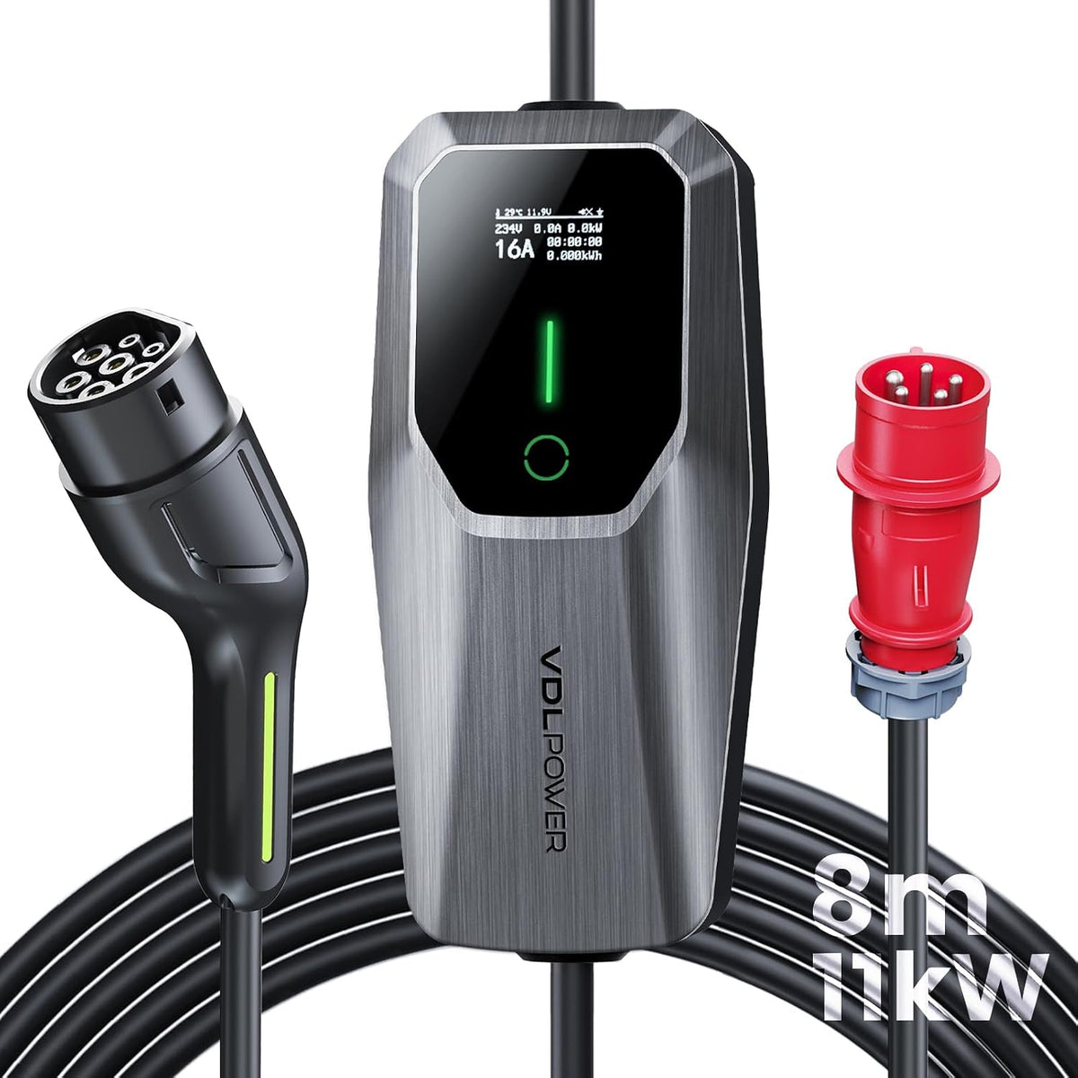 Mobile Wallbox 11kW Typ 2 Ladekabel 6-16A | 8m Mobile Ladestation 3-phasig CEE EV Ladegerät Einstellbarer Strom und Einstellung Startzeit für Allen