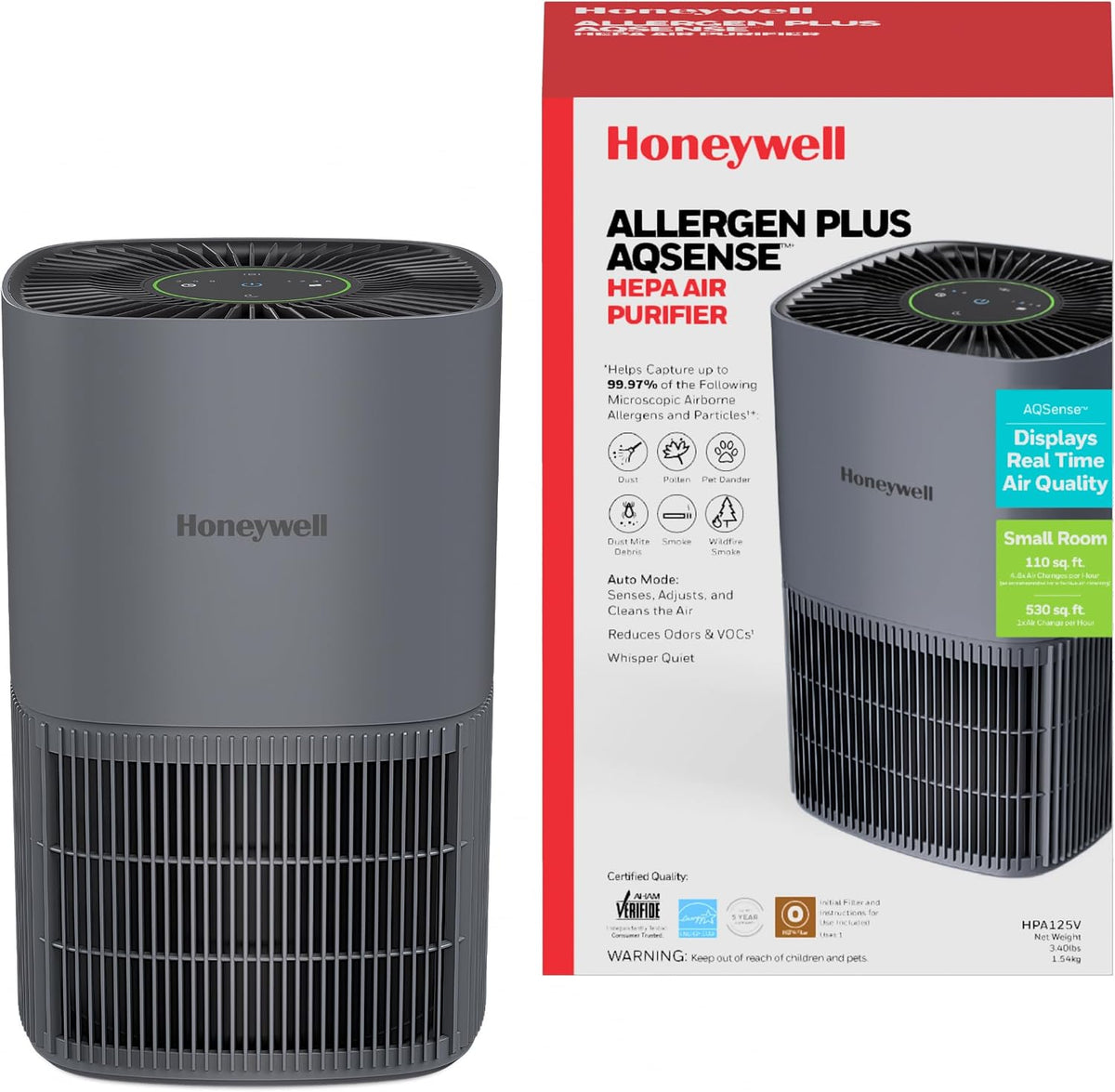 Honeywell Allergen Plus AQSense HEPA-Luftreiniger für Zuhause, 3-in-1-Filter, Schlafzimmer und Haustiere, 530 m² Abdeckung, Luftqualitätssensor