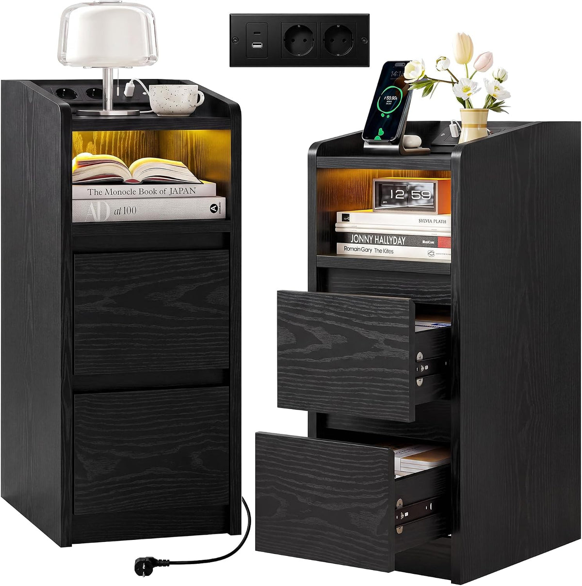 IRONCK Nachttisch 2er Set mit Ladestation und LED, Beistelltisch Schmal