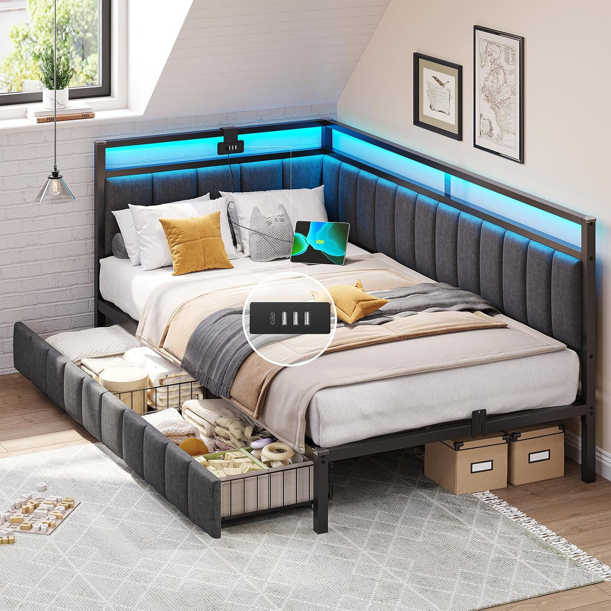 DICTAC Polsterbett Schlafsofa 90x200 mit LED-Beleuchtung und USB-Ladestation, Ohne Matratze, Gästebett, Bettgestell, Dunkelgrau