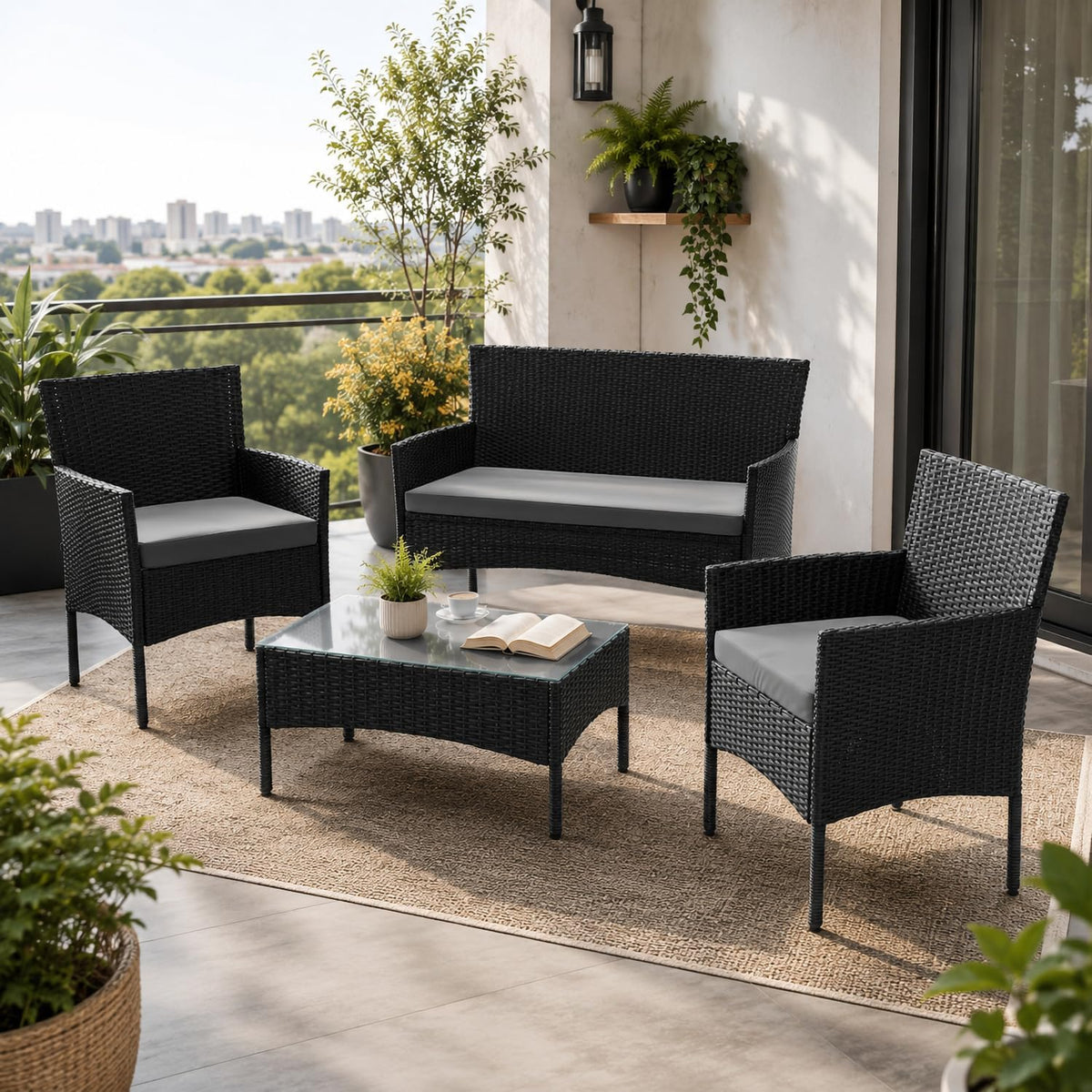 Juskys Polyrattan Sitzgruppe Fort Myers 4 Personen mit 2er Sofa, Tisch & Sitzkissen wetterfest schwarz/grau Balkonmöbel Gartenmöbel Set, 2 Stühle