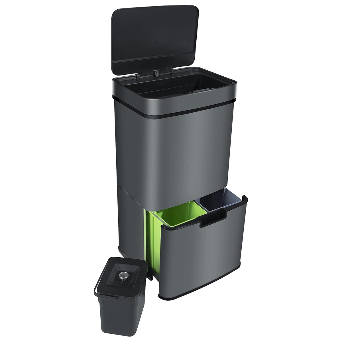 Ribelli Edelstahl, 72 Liter (2x12 + 1x48 L), Mülltrennsysteme mit 3+1 Fächer, Mülleimer mit Sensor, Design Treteimer aus Edelstahl, Grau