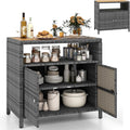 GYMAX Gartenschrank Rattan, Akazienholz-Arbeitsplatte & offenes Regal, Pool, 90 x 53 x 86 cm (Grau), Terrassenschrank mit Doppeltür, Terrasse