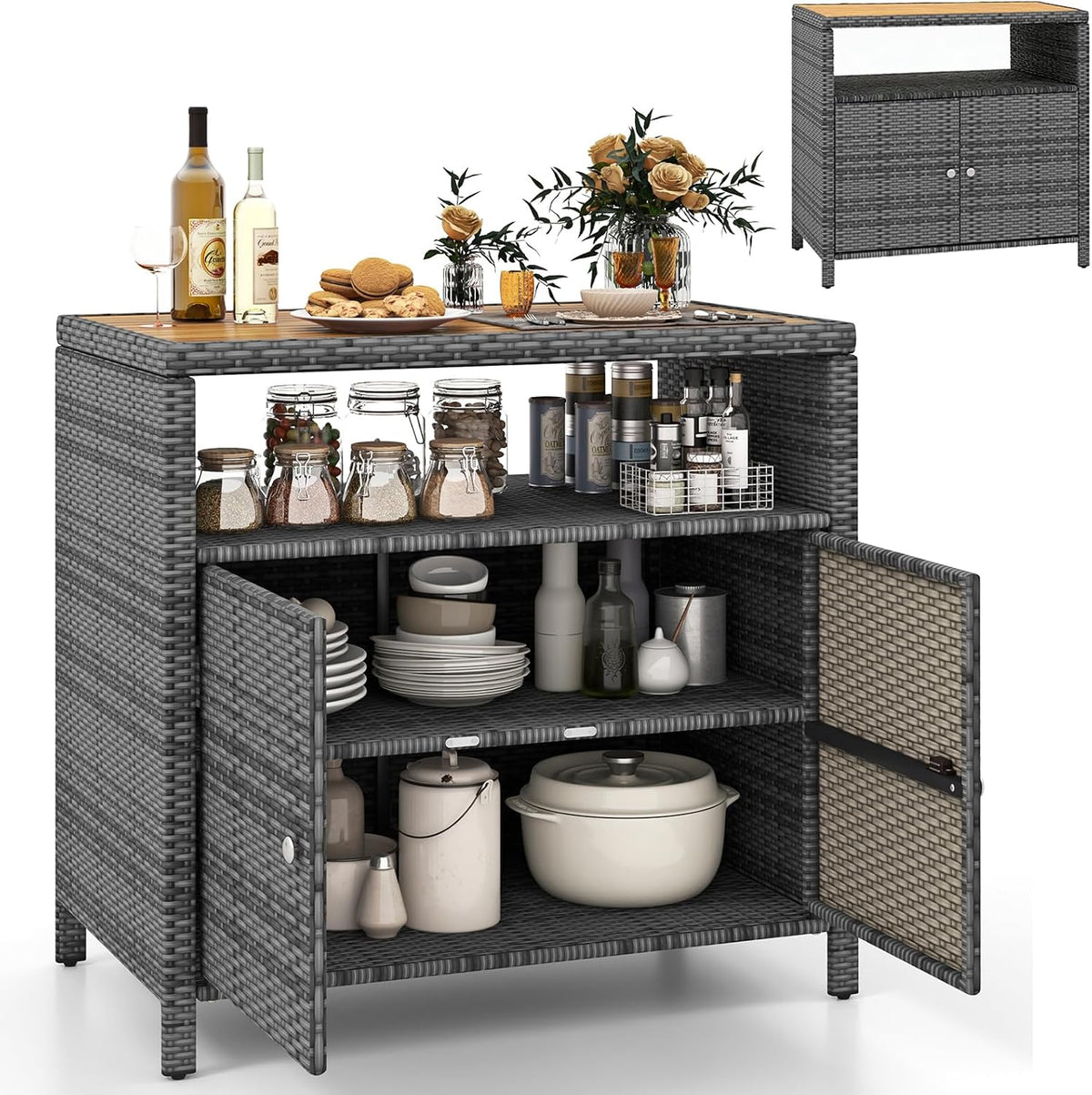 GYMAX Gartenschrank Rattan, Akazienholz-Arbeitsplatte & offenes Regal, Pool, 90 x 53 x 86 cm (Grau), Terrassenschrank mit Doppeltür, Terrasse