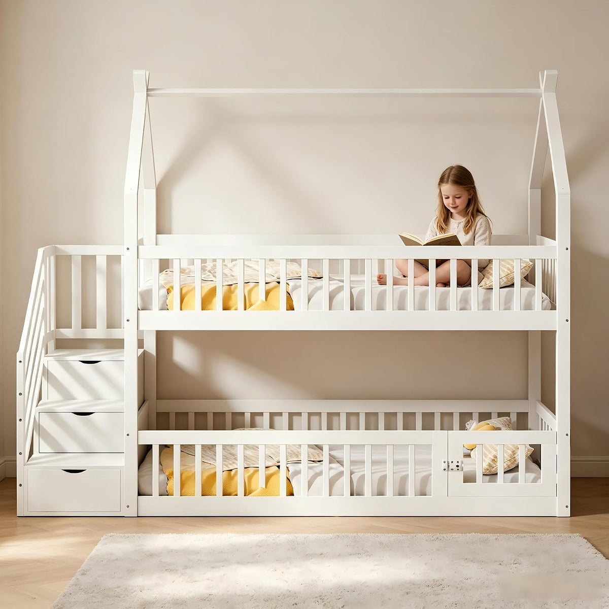 Su & Chan Legence Etagenbett 90x200 mit Treppe und Stauraum, Kinderbett Hochbett mit Schubladen und Sicherheitsgeländer, Weiß