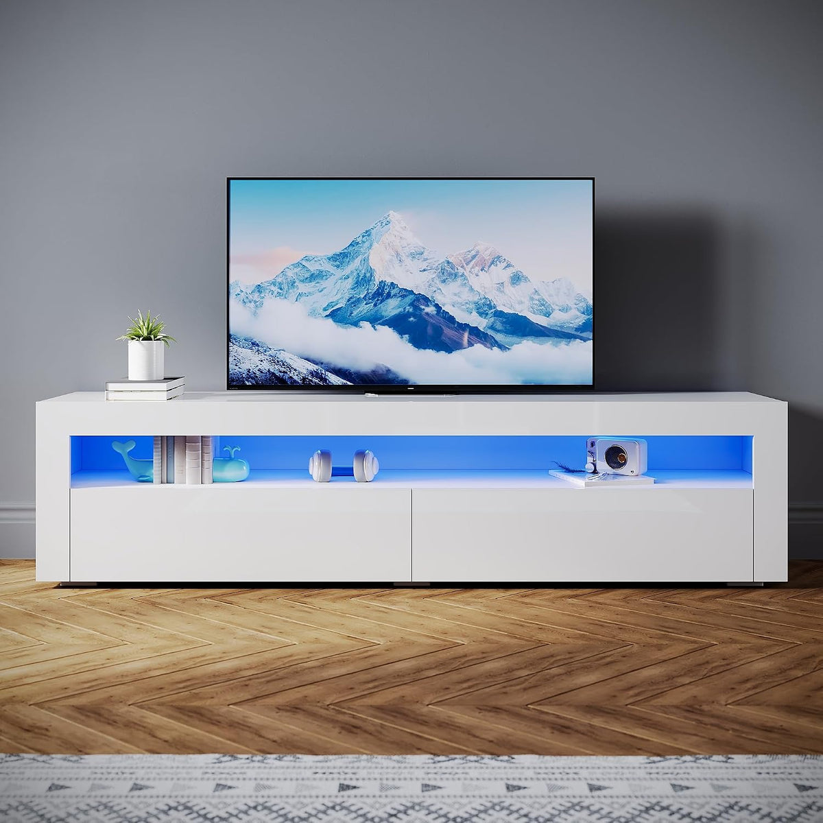 SONNI Lowboard mit LED (16 Farben), 180x40x45cm, 2 Türen, Hochglanz Weiß