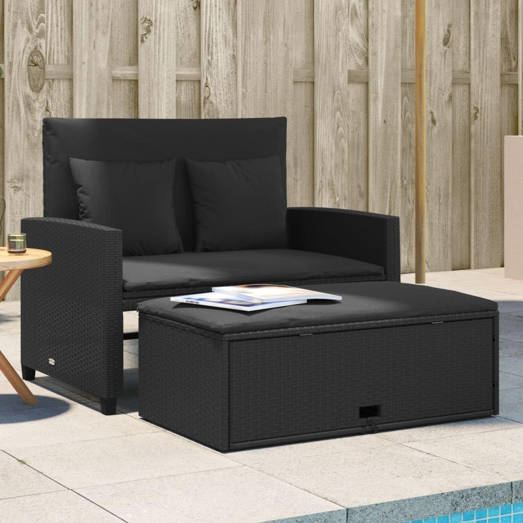 Gartensofa mit Kissen 2-Sitzer Outdoor Sofa mit Hocker mit Staufach, Couch mit abnehmbarm Bezug, Gartebmöbel Gartengarnitur Schwarz Poly Rattan