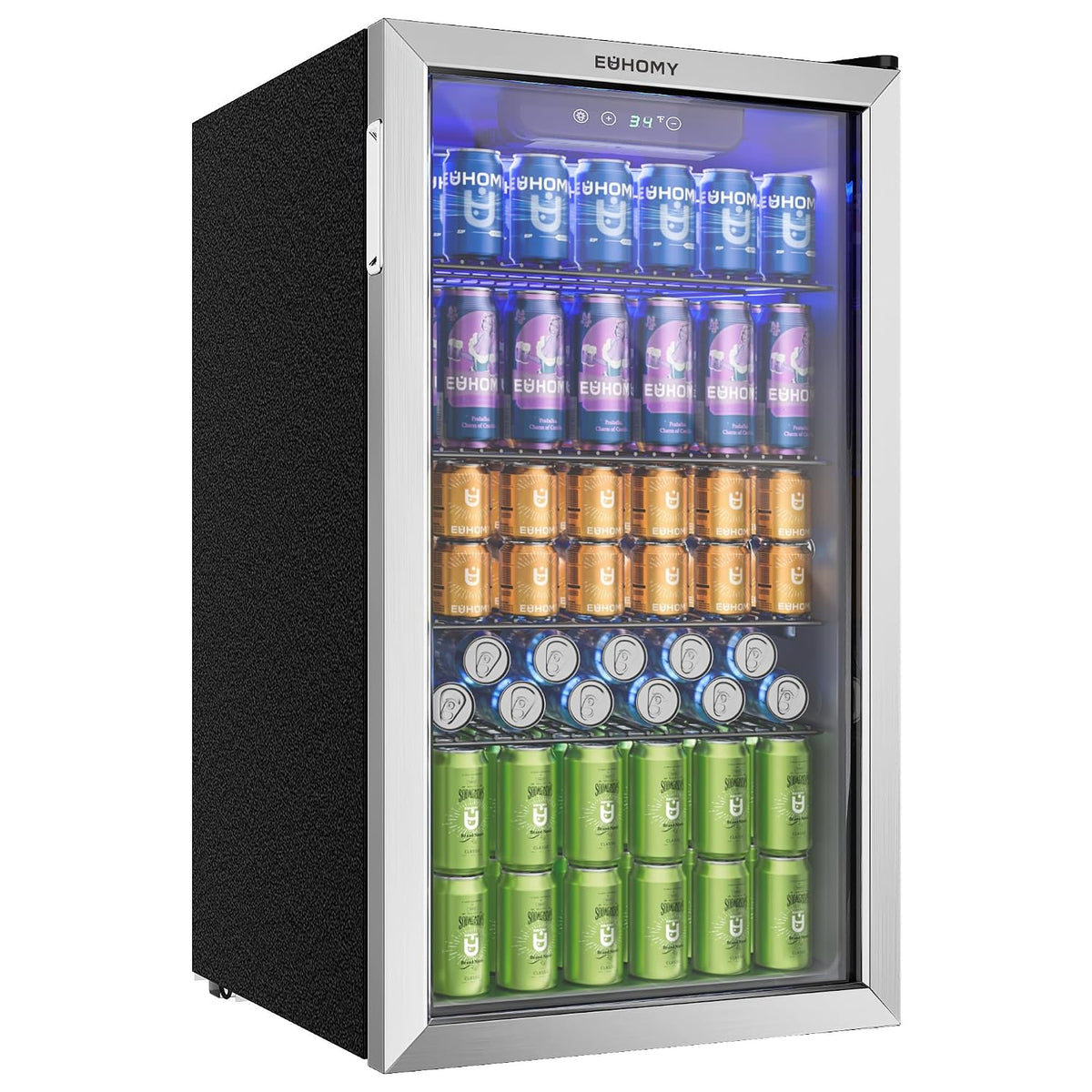 EUHOMY 90L Getränkekühlschrank, kleiner Kühlschrank mit verstellbaren Regalen für Limonade, Minikühlschrank für 126 Dosen mit Glastür, Bier oder Wein