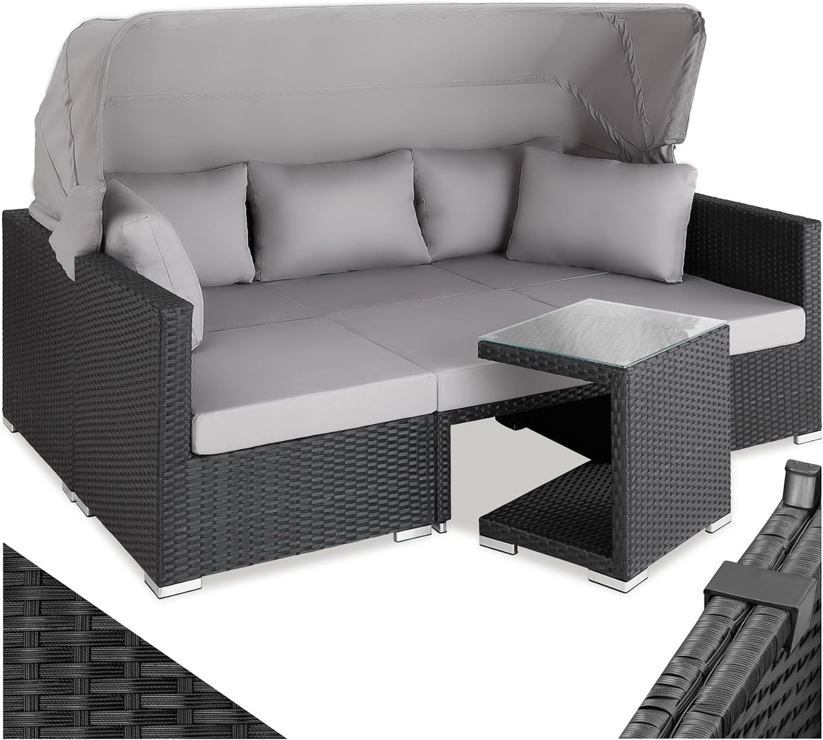 tectake Rattan Sonneninsel Sitzgruppe, Alu Lounge Möbel Set inkl. Sofa mit Sonnendach, Sesseln & Tisch, Hocker, Outdoor Gartenmöbel, Terrassenmöbel