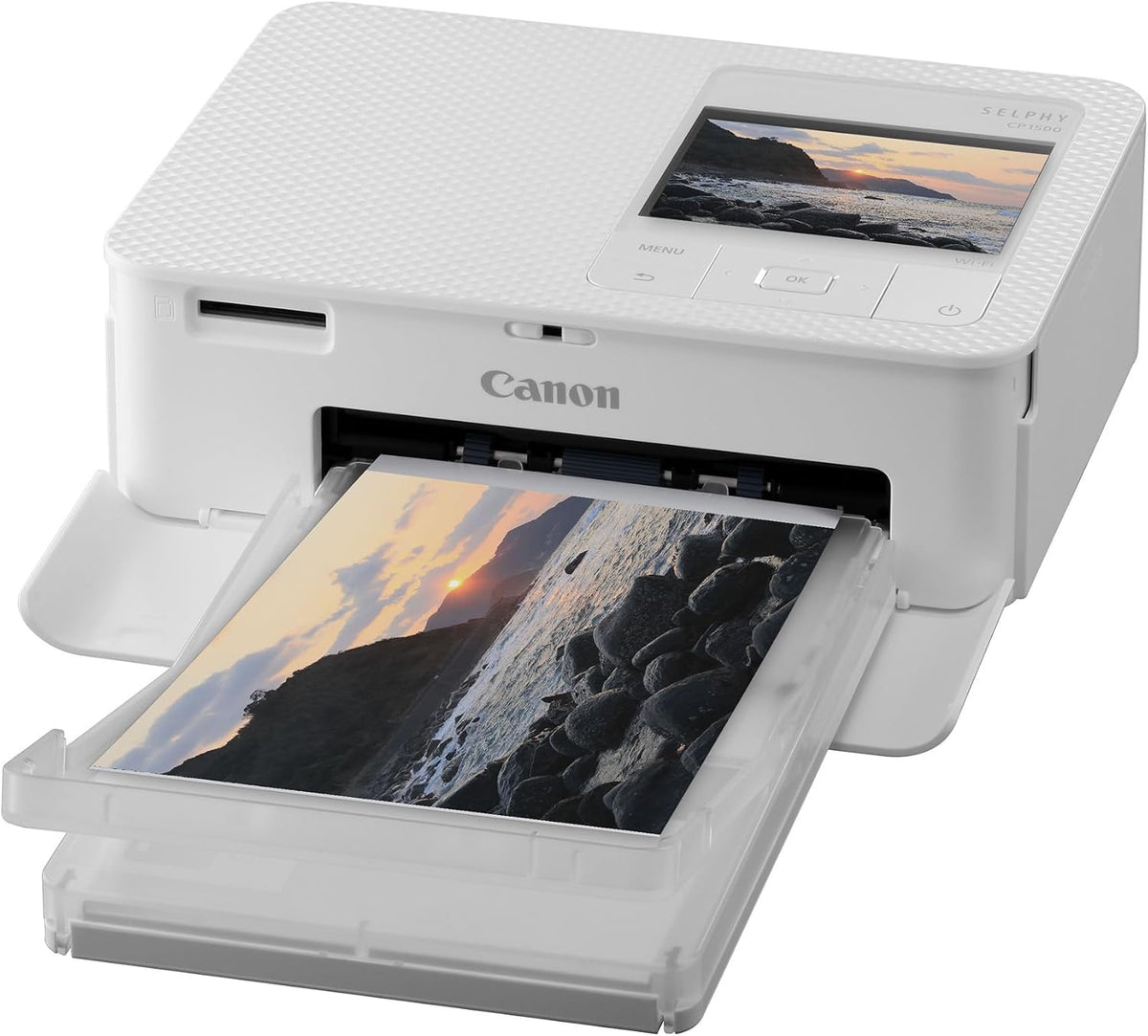 Canon SELPHY CP1500 Mini Fotodrucker mobil tragbar unterwegs (bis Postkartengröße 10x15cm, farbstabil 100 Jahre) weiß [ohne Farbband/Papier, WLAN, App