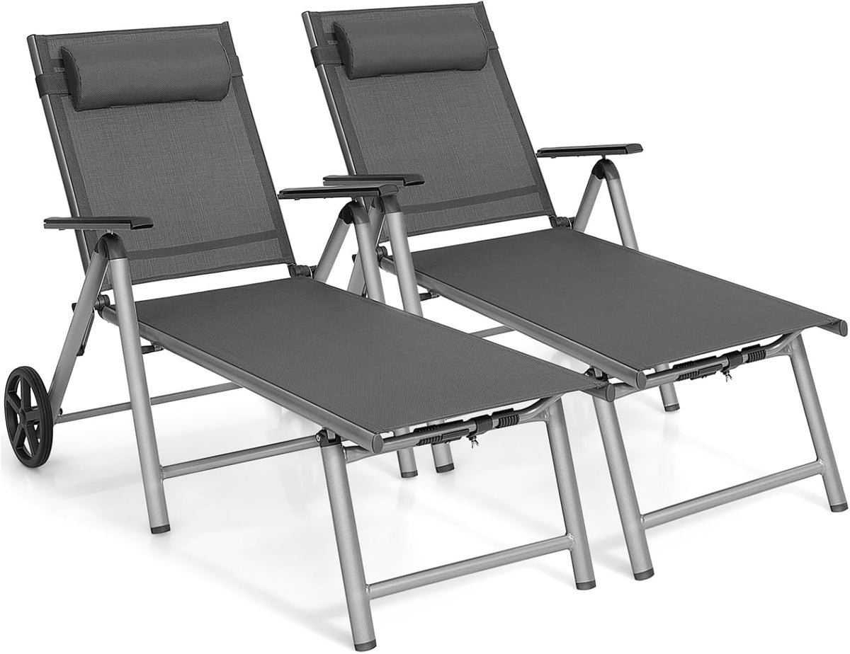 COSTWAY 2er Set Sonnenliege Aluminium mit Rollen, Gartenliege klappbar