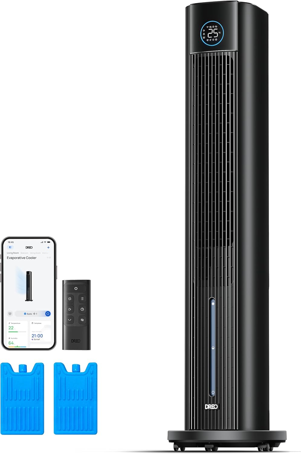 DREO Turmventilator mit Wasserkühlung, 4-Geschwindigkeiten-4-Modi Verdunstungskühler, 12-Std. Timer, 110 cm Luftkühler mit Wasserkühlung Leise