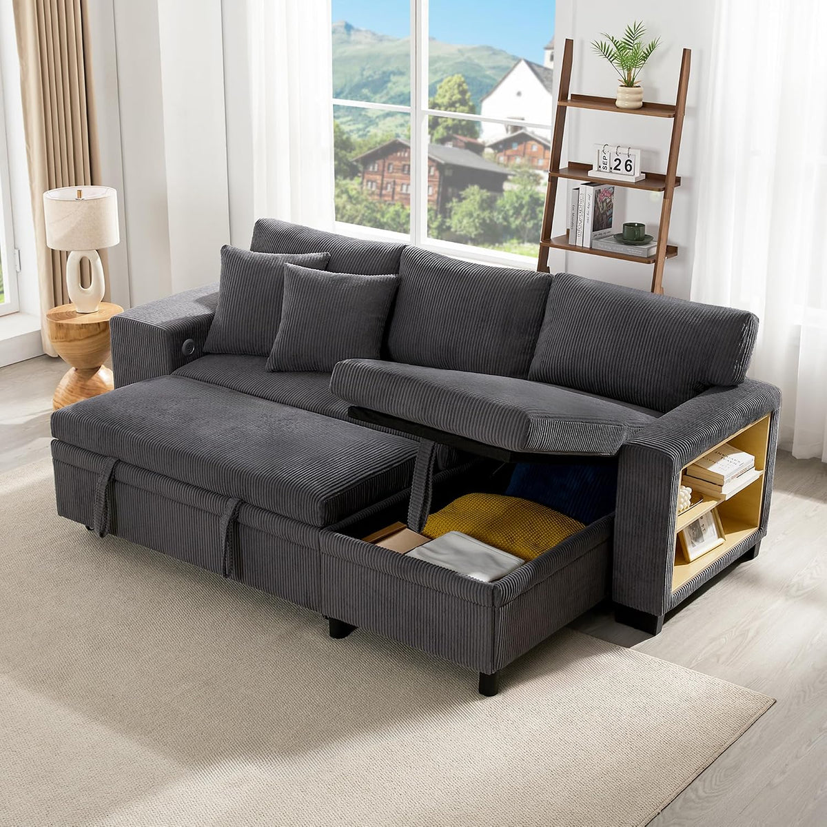 DRIXNO Klappsofa mit Schlaffunktion, 3-Sitzer-Umbausofa mit Seitenablagen und Stauraum, L-förmiges umbaubares Ecksofa mit USB-Ladeanschluss und Kissen