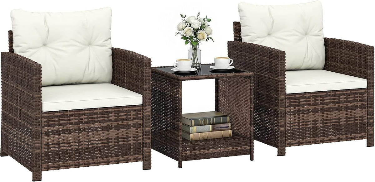 Outsunny Rattan Bistroset 3-Teilig 2 Sessel 2-Ebene Glastisch Cremeweiß