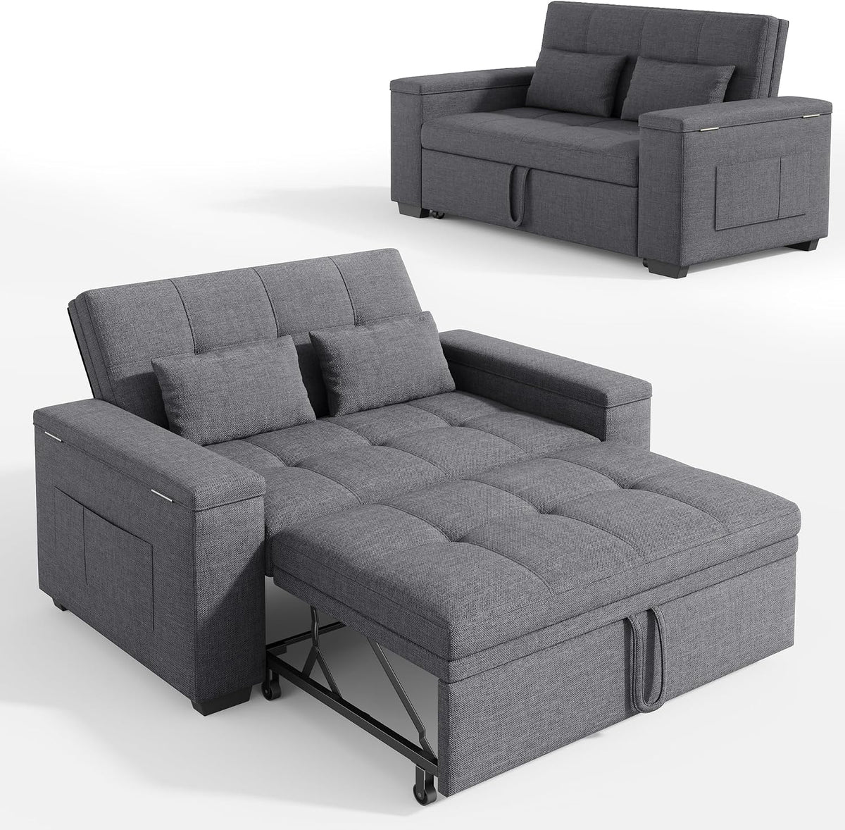 Xbro 3-in-1 Schlafsofa ausziehbar, 2-Sitzer Sofa mit Schlaffunktion, Leinenstoff mit 2 Kissen und Seitentaschen, für Wohnzimmer, Dunkelgrau