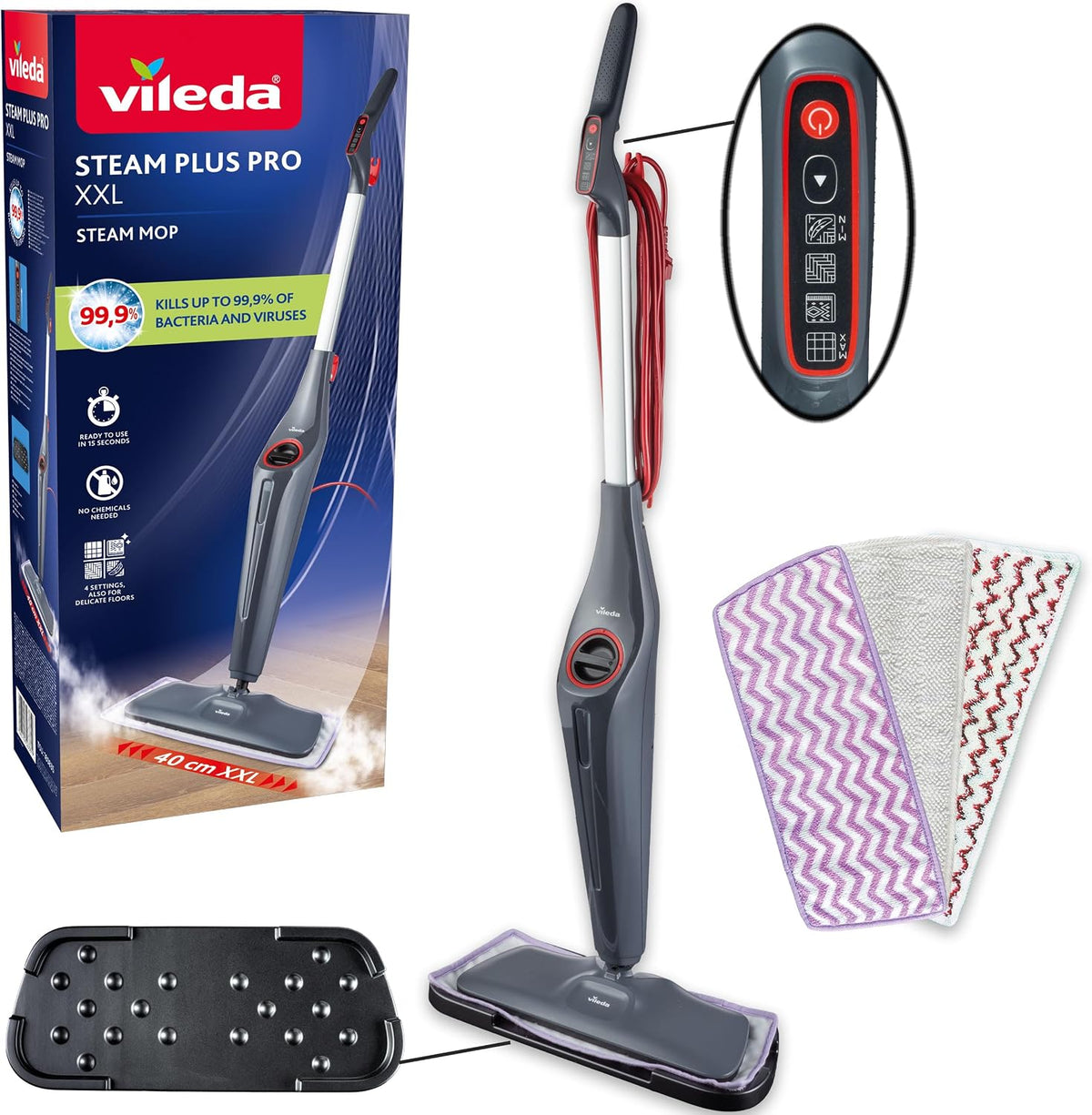 Vileda Steam Plus Pro XXL Dampfreiniger, Für empfindliche Böden, Tötet bis zu 99,9% der Bakterien & Viren, 4 Dampfstufen, Abstellunterlage