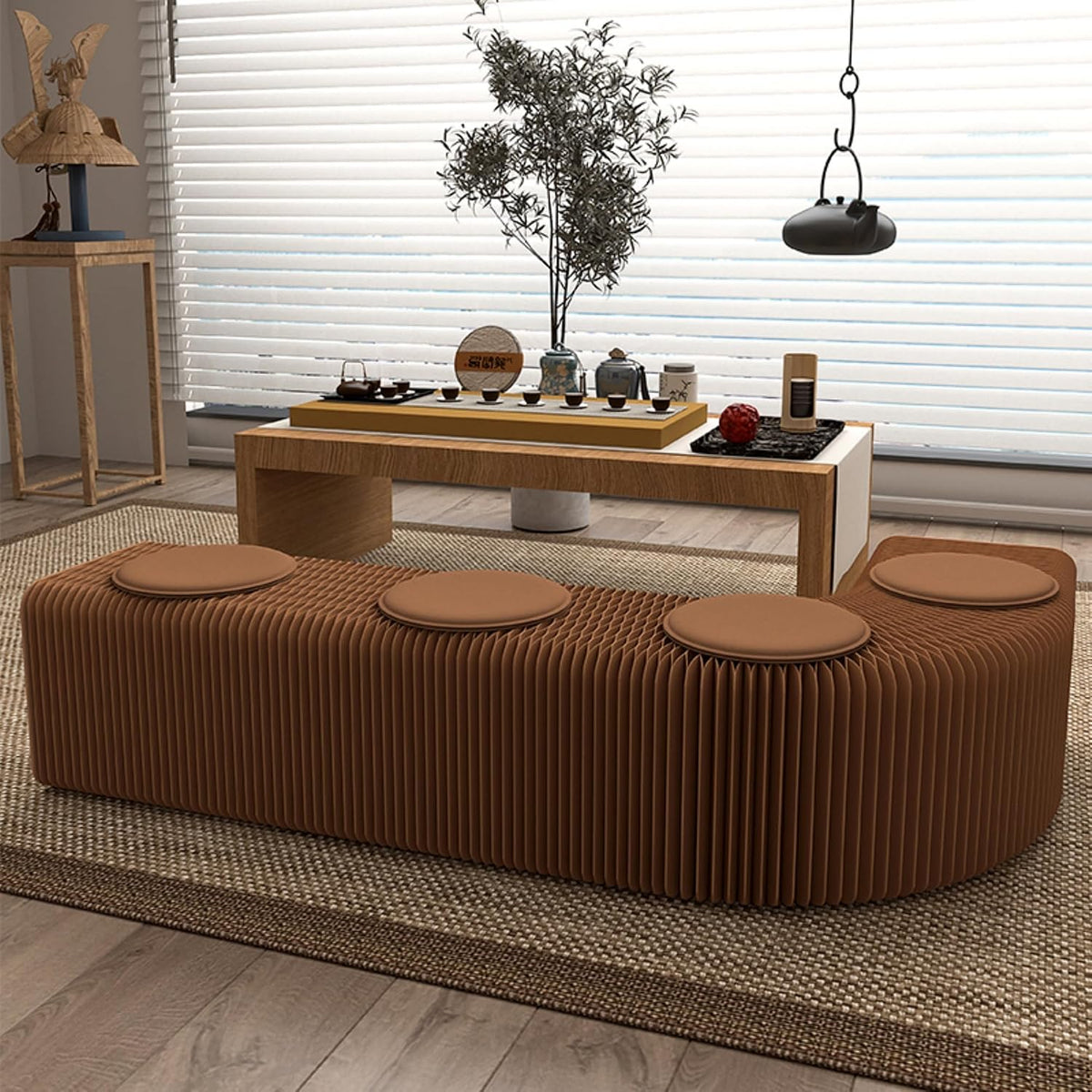 Generisch Faltbare Kraftpapier-Hocker mit PU Sitzkissen, L2.5m*H0.4m, Tragbare Sitzgelegenheit mit Akkordeon-Design, für Flur