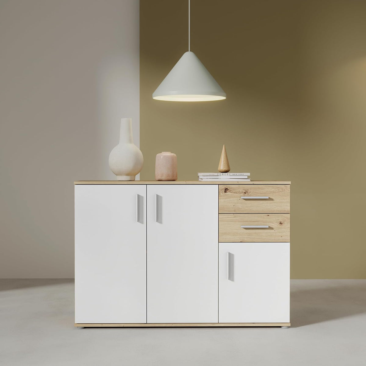 Forte IKOLI Kommode 120, 3-türig, 119,6 cm breit x 81,7 cm hoch x 31,4 cm tief, Moderne Kommode, Weiß mit Artisan Eiche Holzdekor, 2 Schubladen, Flur