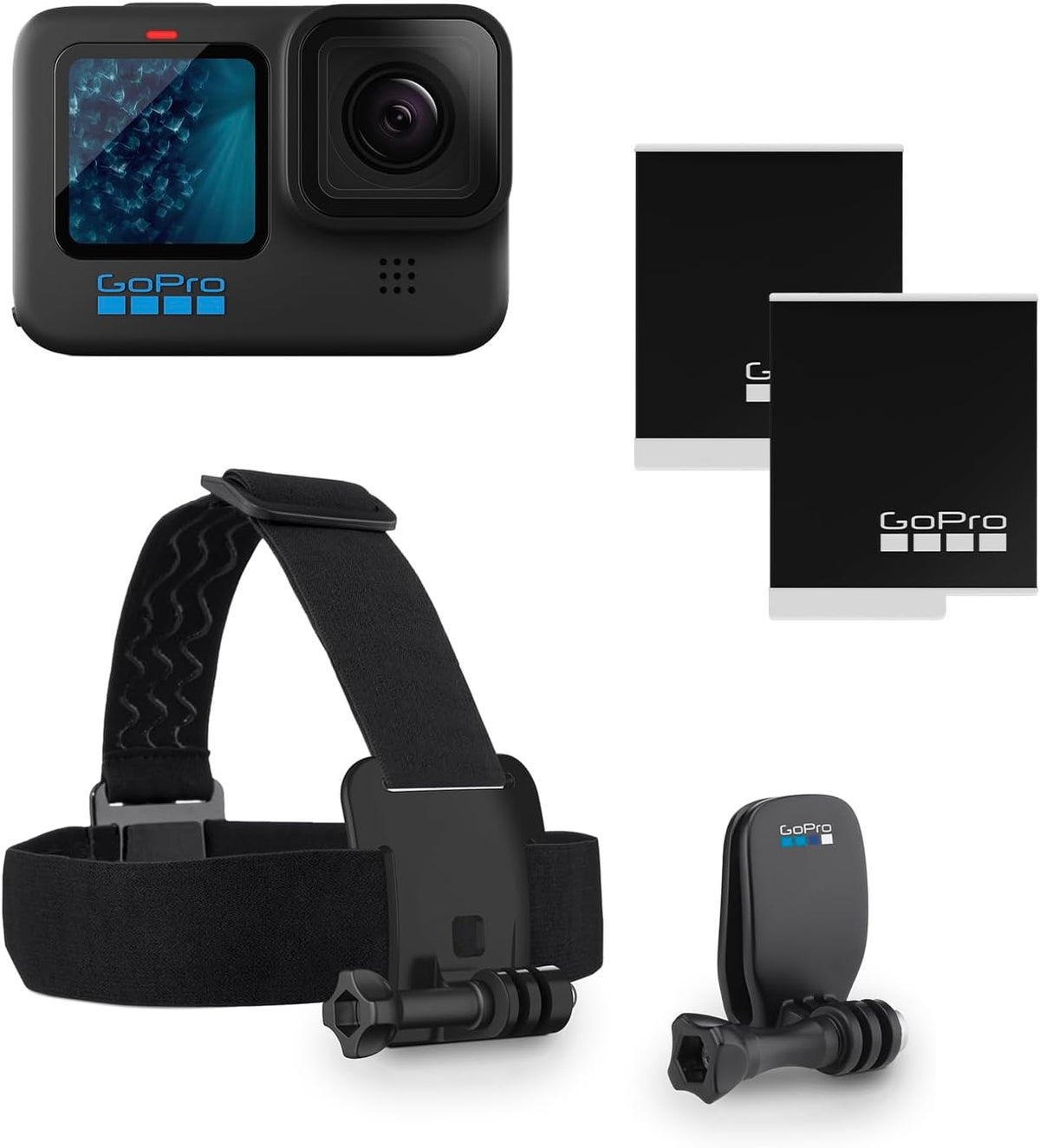 GoPro HERO11 Black Bundle, inklusive HERO11 Black Kamera, Kopfband + QuickClip und Enduro-Akku (insgesamt 2)
