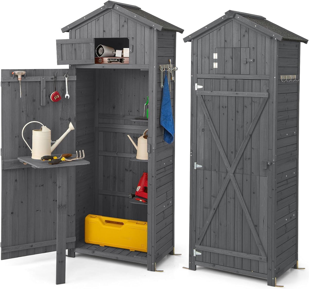RELAX4LIFE Gerätehaus Holz, Geräteschrank mit 8 Haken & 3 Regalen & Faltbarem Tisch & Oberem Fach, 75 x 50 x 180,5 cm, Gartenschrank mit Satteldach