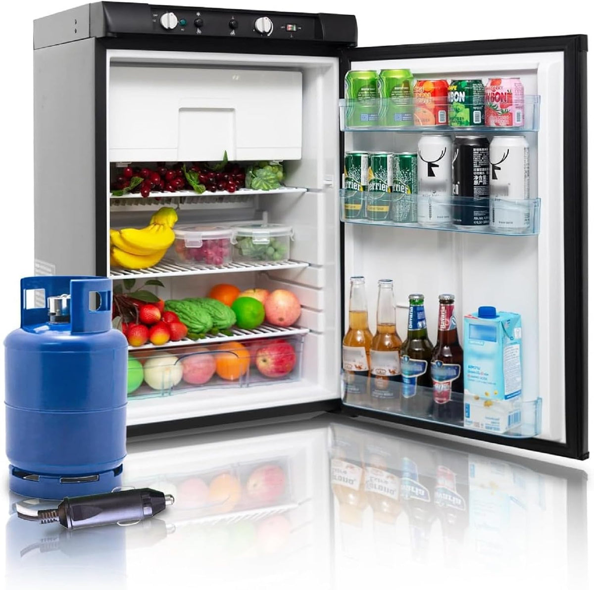 SMETA Gas Kühlschrank mit Gefrierschrank, Leiser Kühlschrank,12v 230v Gas Propangas für Ferienhaus Wohnmobil Reisemobil Garage, Schwarz, 100L