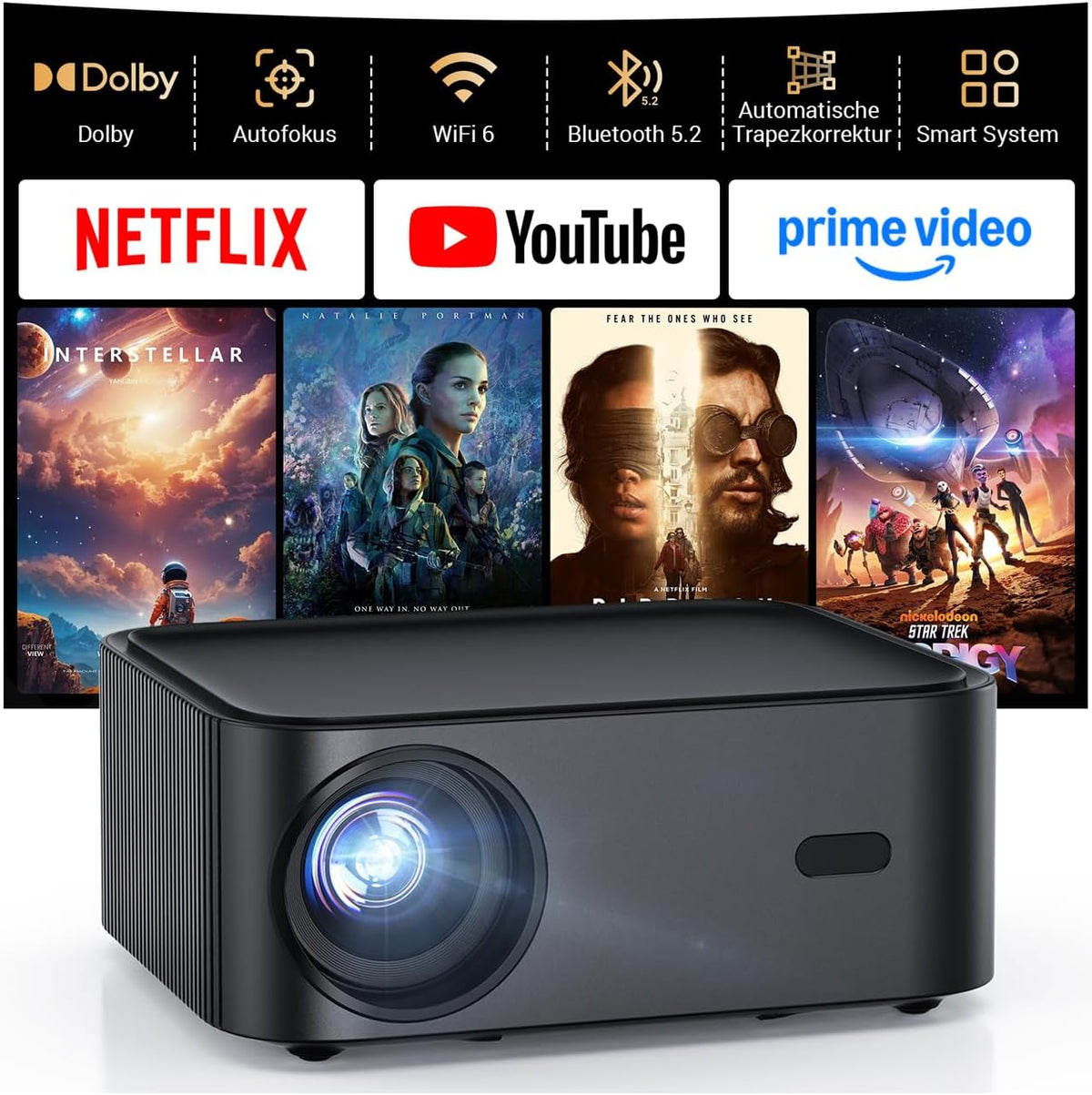 Smart Beamer 4K kompatibel mit Netflix-App, Streaming & Spiele ohne TV-Stick, HAPPRUN H11 Beamer Heimkino mit Autofokus & Dolby Audio