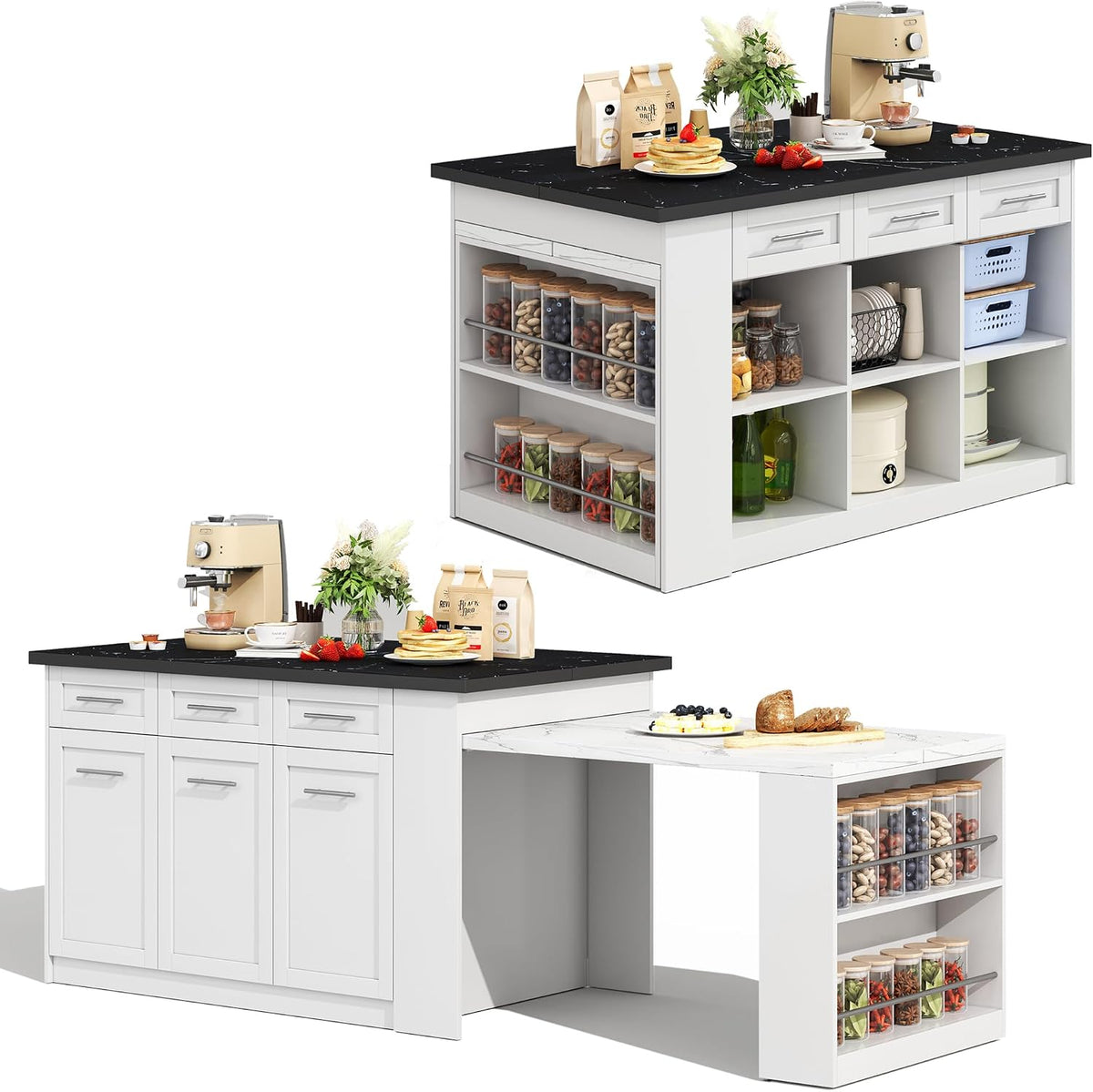 Multifunktionale Kücheninsel 150+96cm, Freistehend Kitchen Island mit Weiß ausziehbarer Esstisch, Kücheninseln mit Stauschränke für Familienküchen
