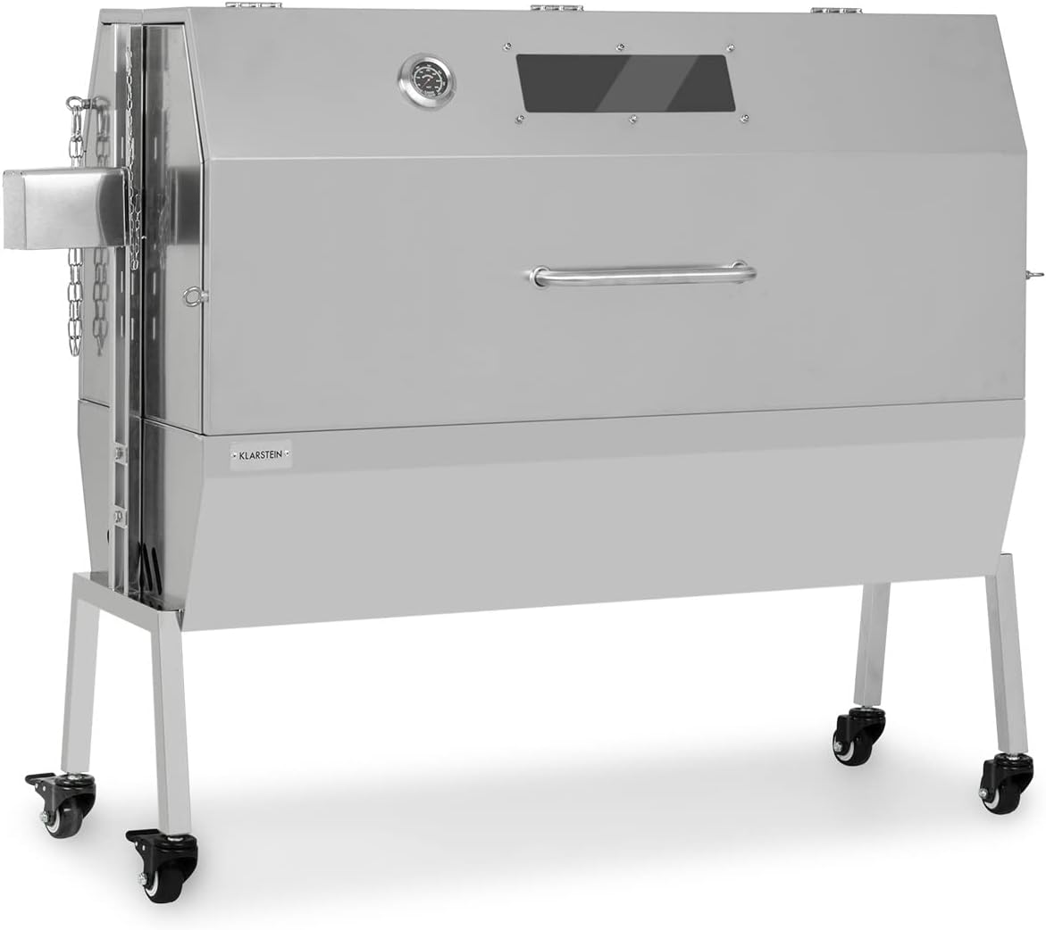 Klarstein 2-in-1 Rotisserie Grill mit Motor, Großer Spießgrill für Spanferkel, Sichtfenster, Spieß Edelstahl-Rost, Großer Holzkohlegrill Bodenrollen