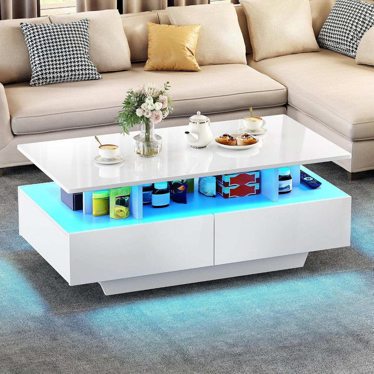YITAHOME Couchtisch Weiß, Beistelltisch Weiss mit Offenem Ausstellungsregal und 4 Ausziehbaren Schubladen 90x55x41,1 cm, 16-Farbiger