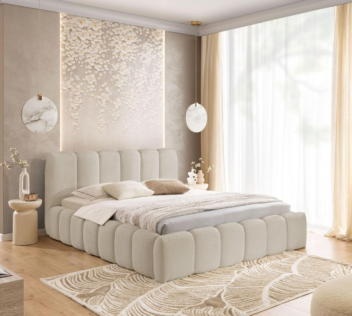 FURNISTAR Polsterbett MIA mit Bettkasten, Bett 180x200, ohne Matratze, Bubble Bett, Doppelbett mit Stauraum und Lattenrost, Boxspringbett-Optik, Beige