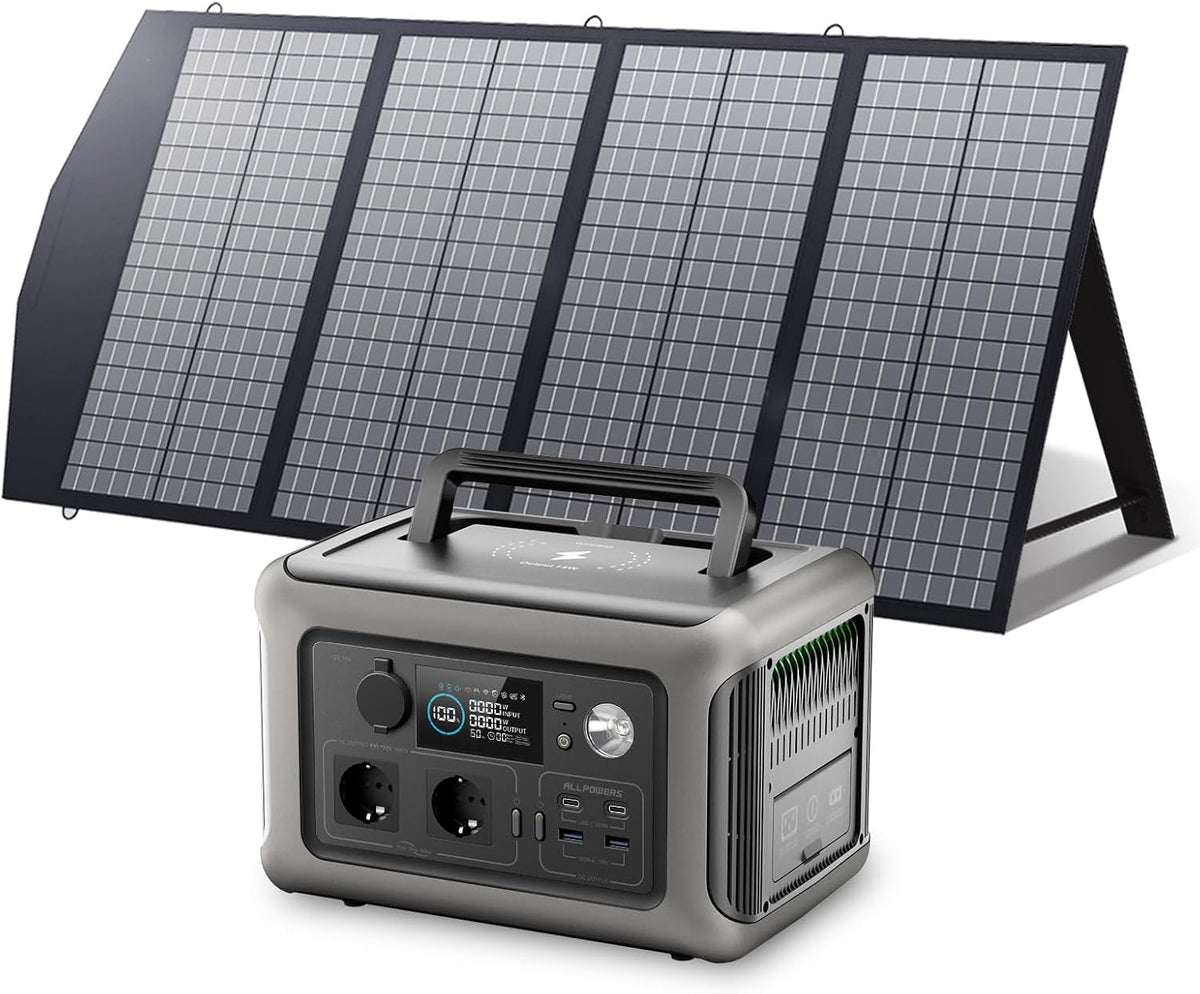 ALLPOWERS Solargenerator R600 mit 140W Solarpanel, 2x 600W (1200W Spitze) AC Ausgang Tragbare Powerstation, 299WH LiFePO4 Batterie