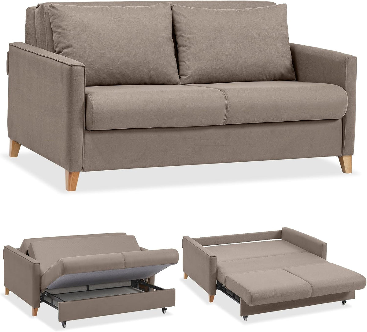 EVERGREENWEB Schlafsofa mit Bettkasten, Umwandelbar 2-Sitzer Couch mit Ausziehbarer Chaise Longue, Schlaffunktion, Taupe Stoff