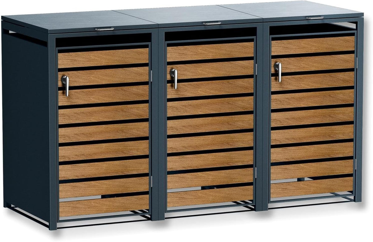 Metzler Mülltonnenbox in Anthrazit & Holzoptik 3er 240L, Mülltonnenverkleidung 3 Tonnen, abschließbar, Garten- und Müllbox