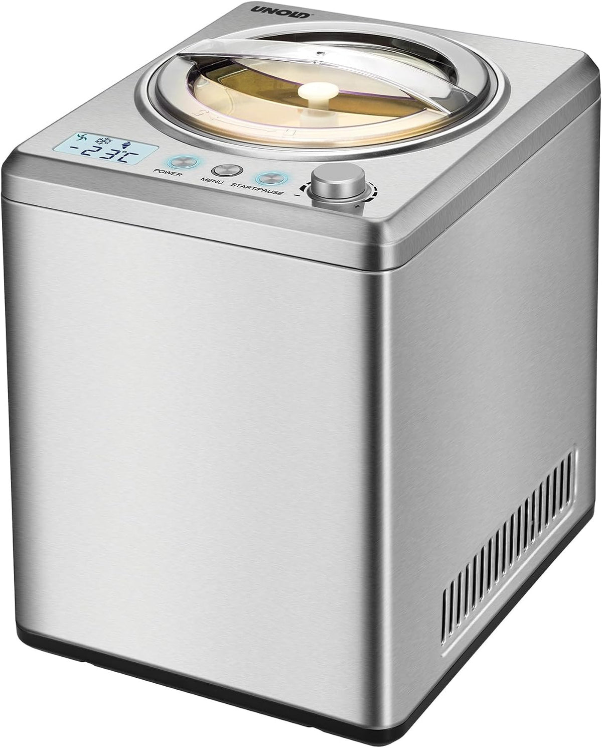 Unold 48880 Eismaschine Profi Plus, 2.5 L, 250 W, auch für veganes, Edelstahl, vollautomatischer, selbstkühlender Kompressor, LCD-Display, Timer