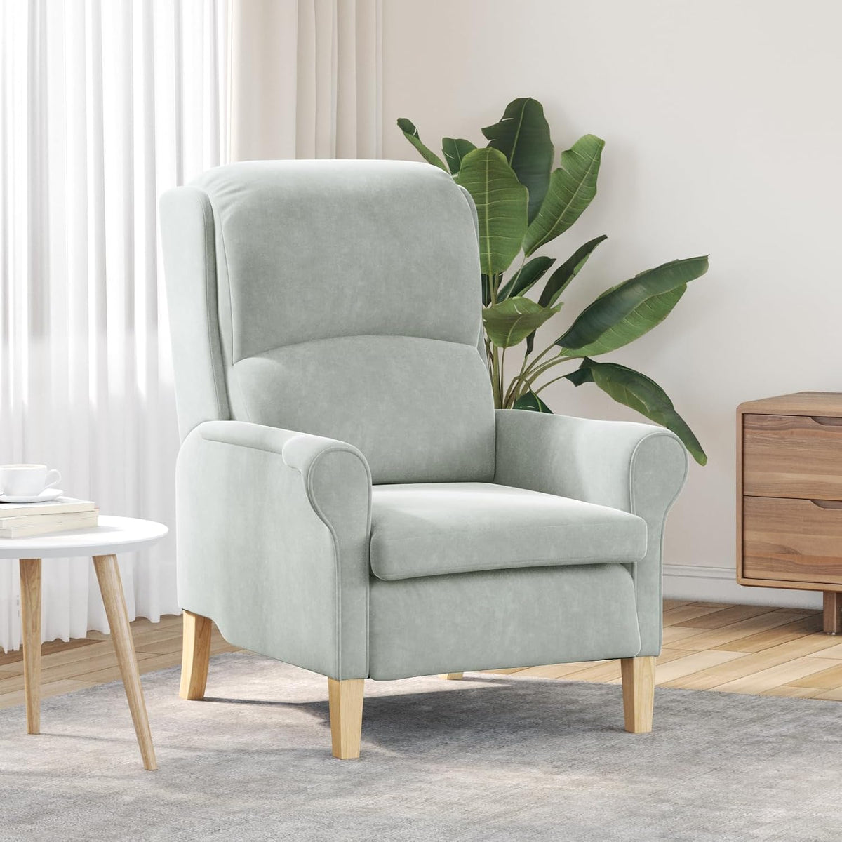 Hellgrauer Sessel mit Stoffbezug und Holzbeinen Standard, Moderner Komfortsessel für Wohnzimmer und Schlafzimmer