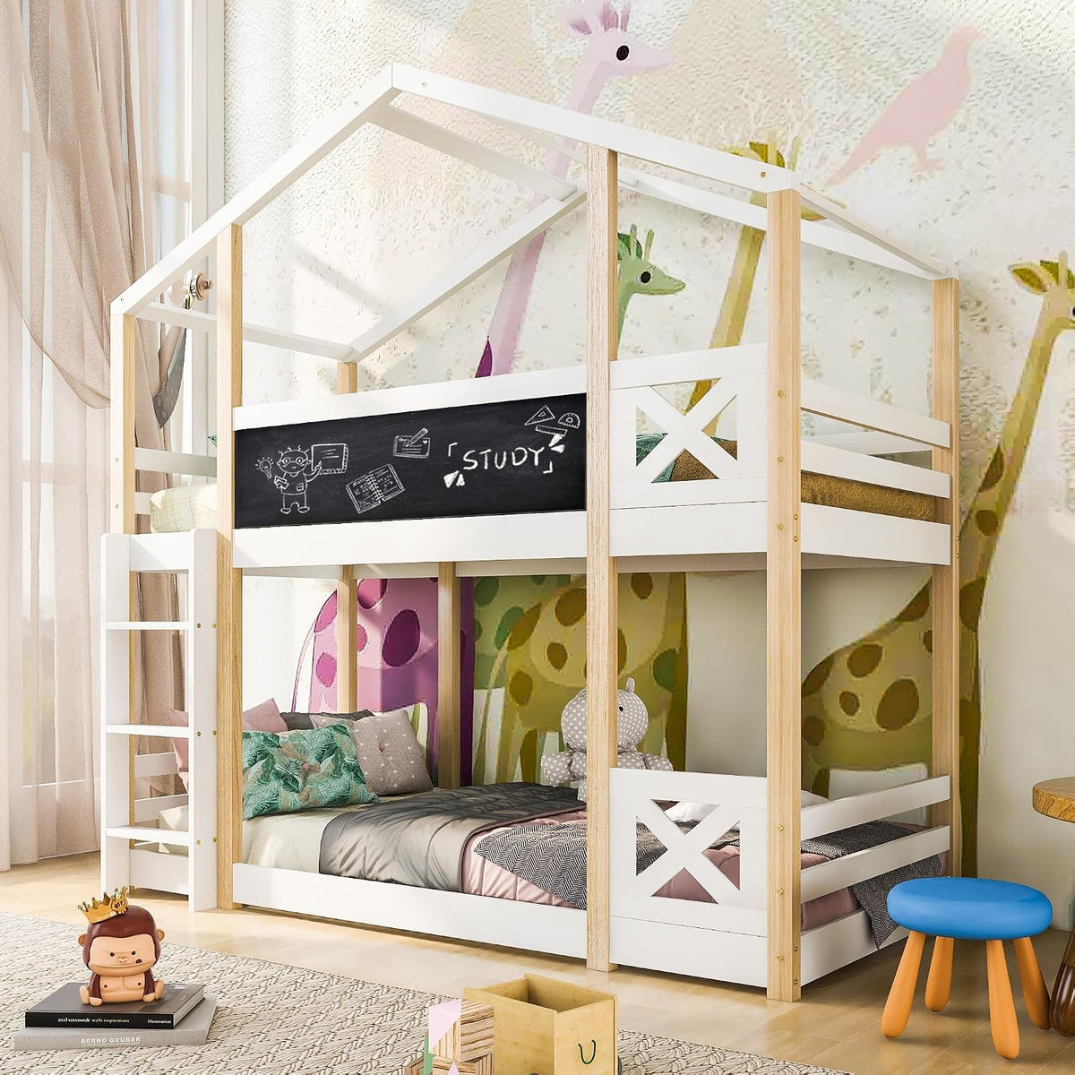 Mrwoo Kinderbett Etagenbett 90 x 200 cm Baumhaus-Design, Natur & Weiß (Ohne Matratze), Hochbett mit Leiter und Integriertes Malbrett, Einzelbett